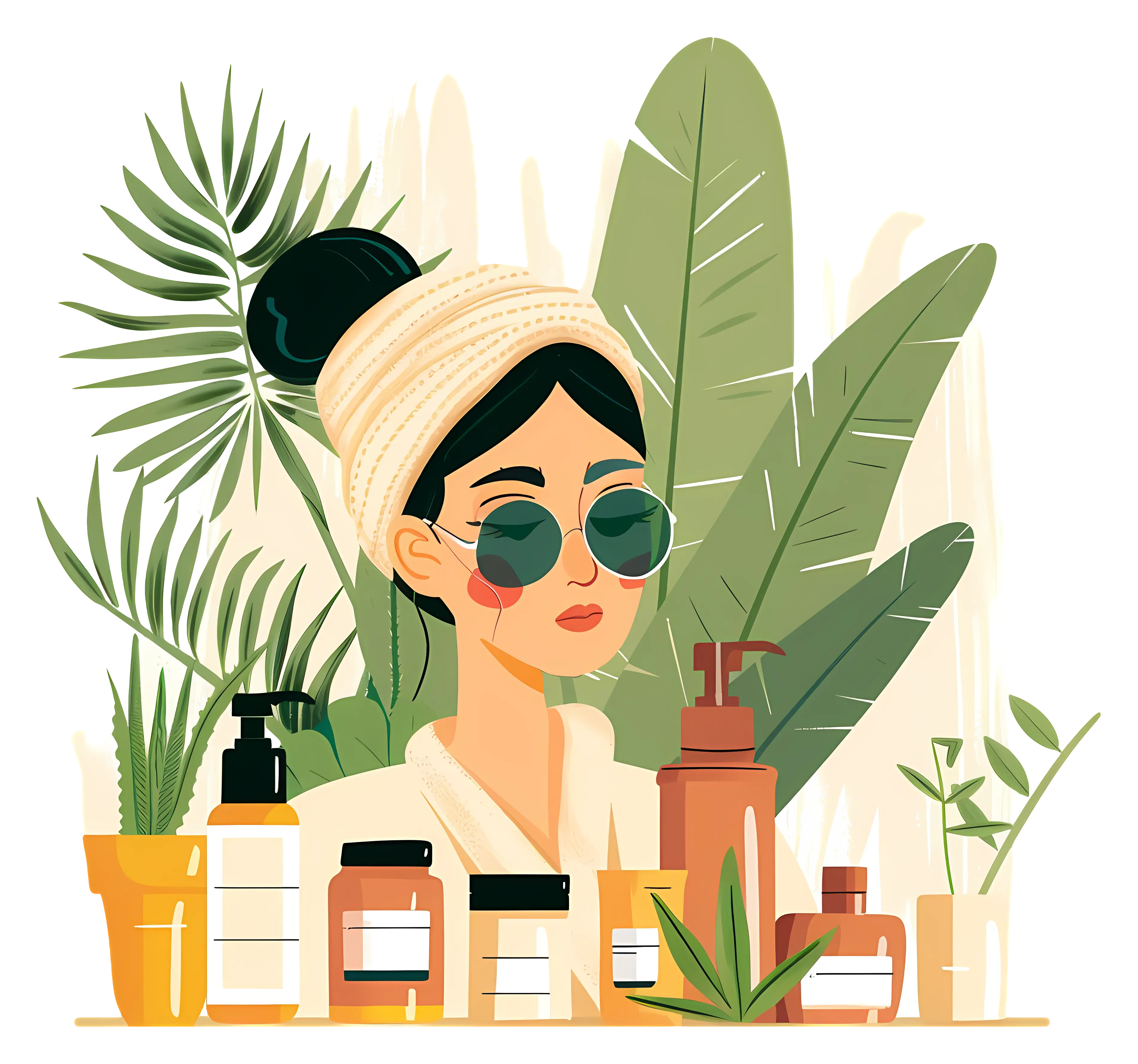 Woman with Skincare Products and Plants