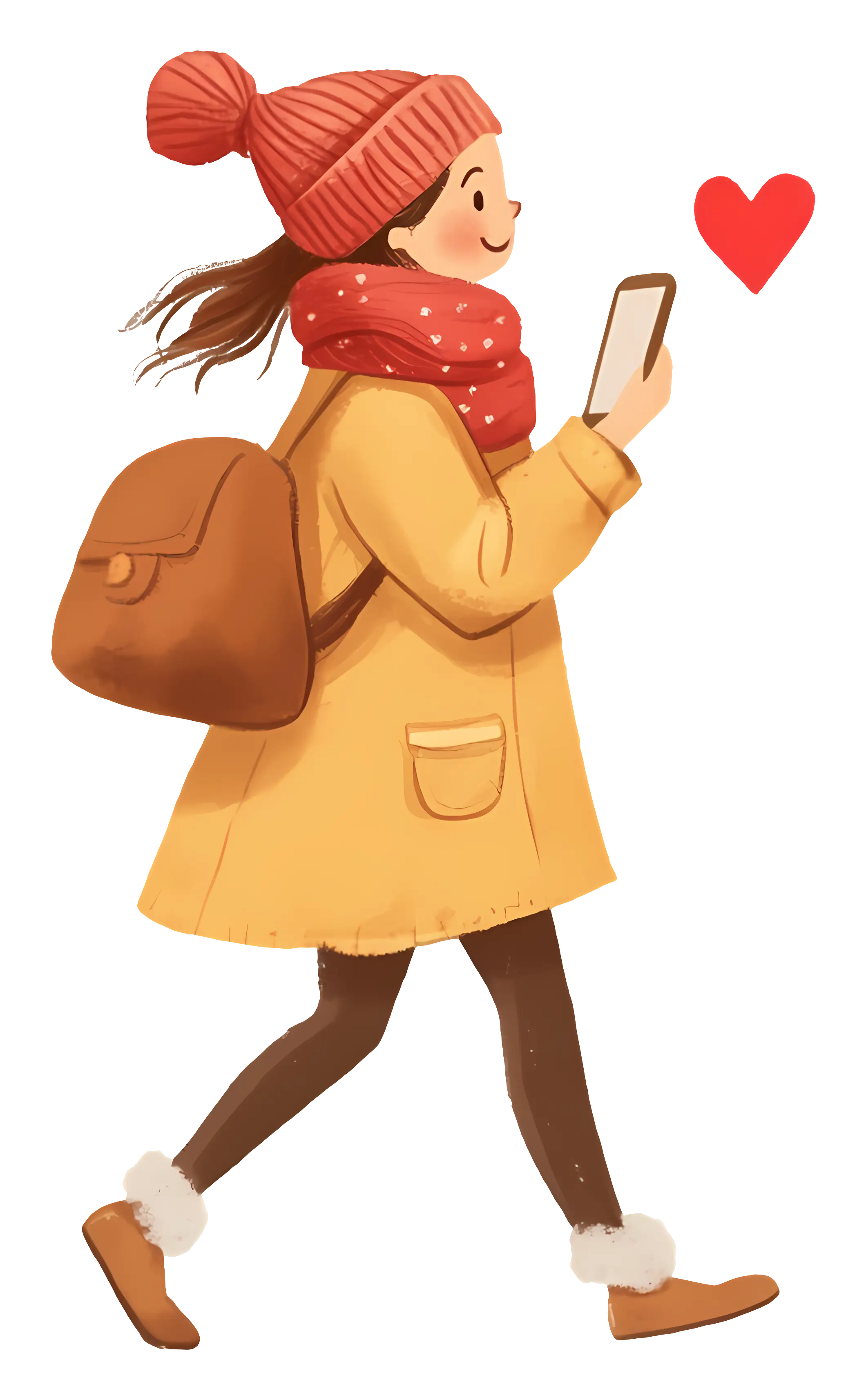 Girl Walking with Phone in Winter