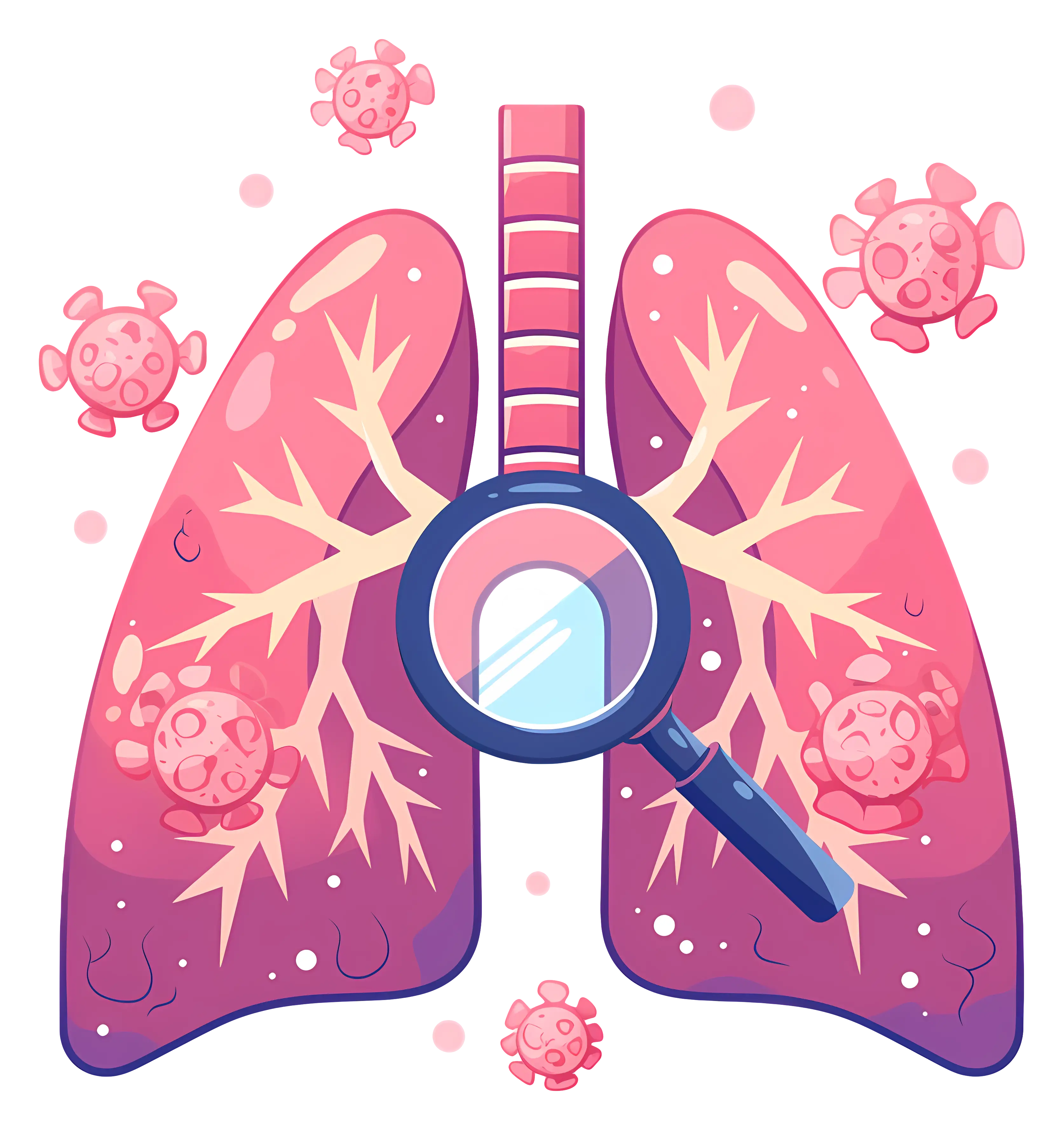 Lungs with Magnifying Glass and Bacteria Illustration