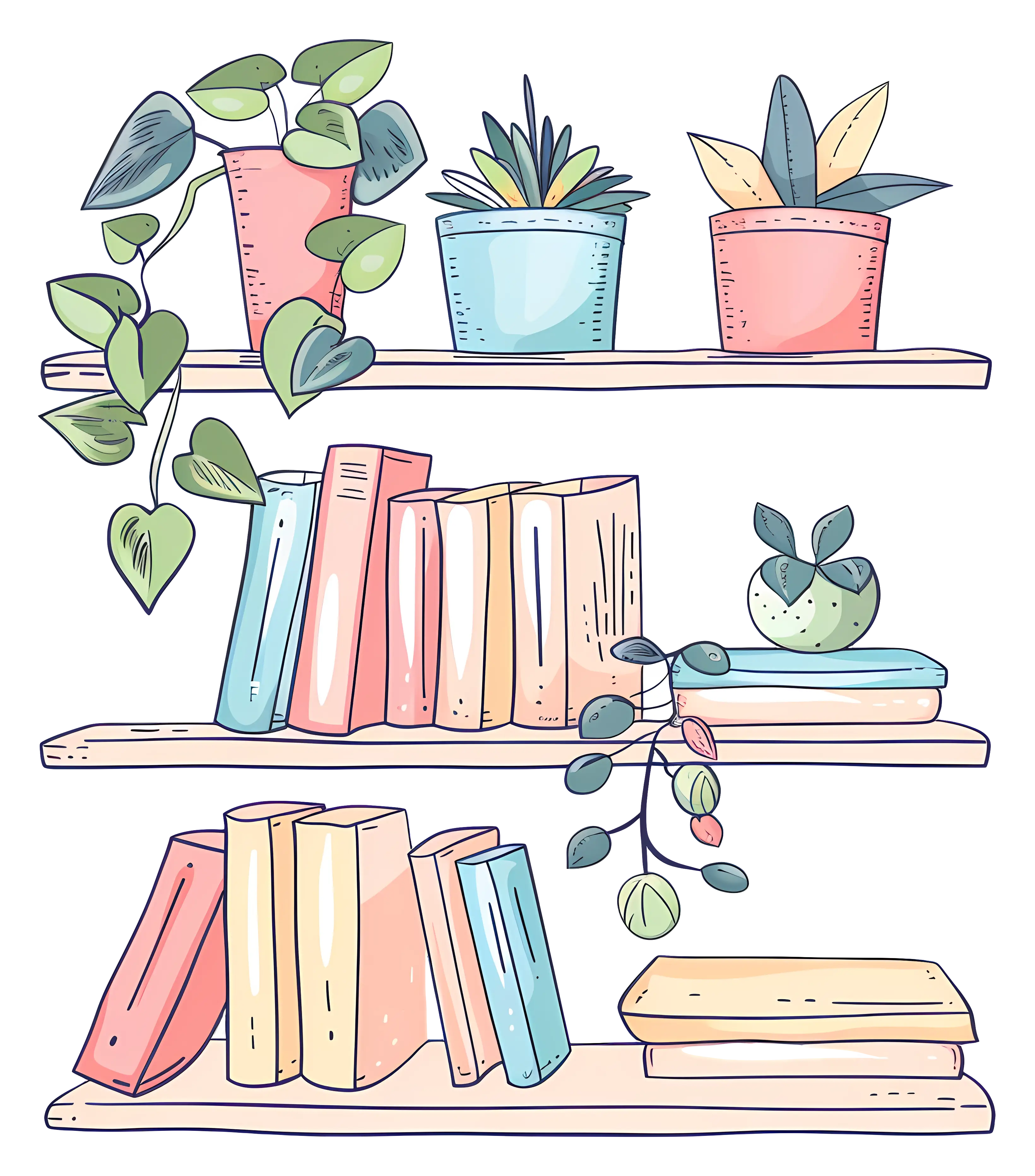 Shelves with Books and Potted Plants Illustration