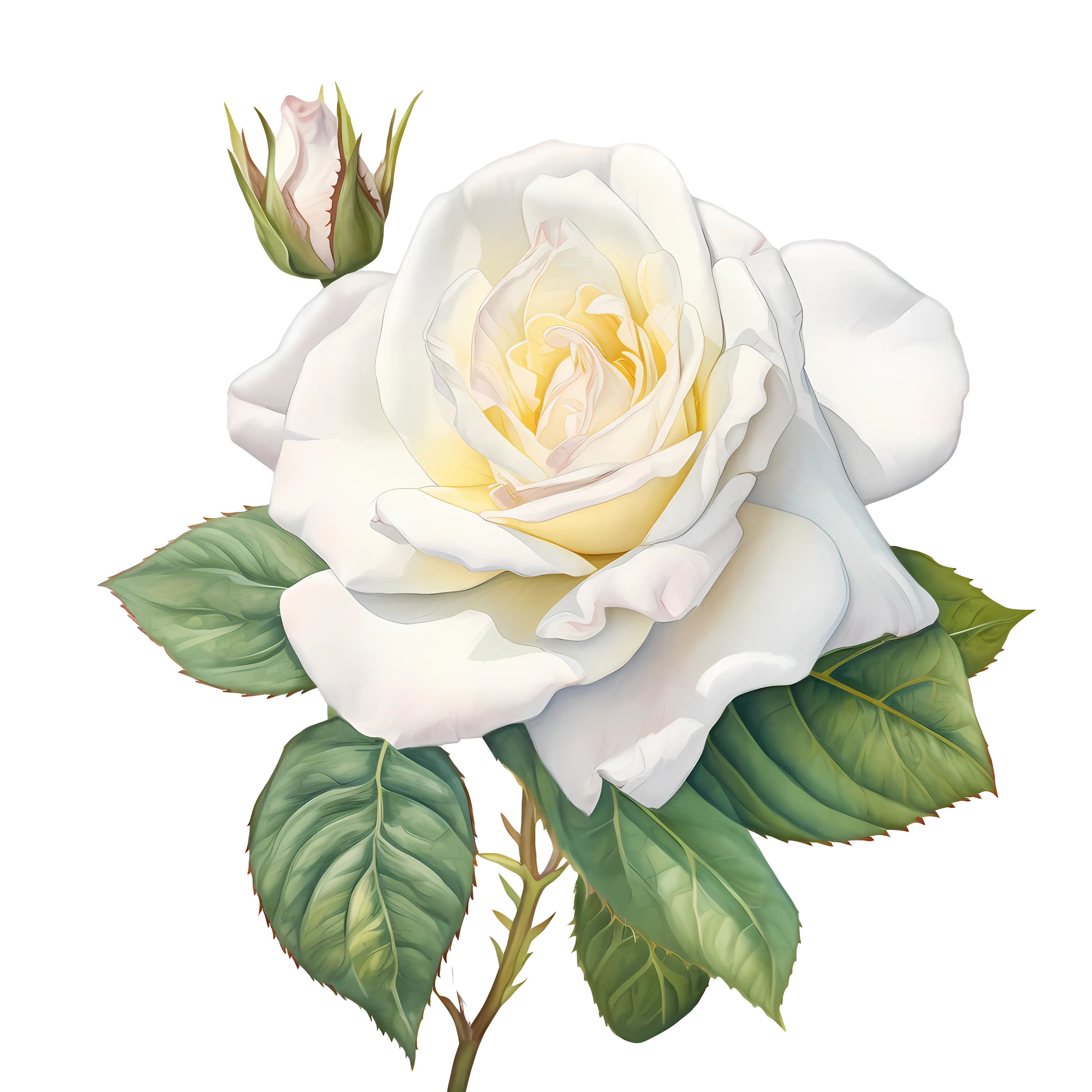 Realistic White Rose with Green Leaves