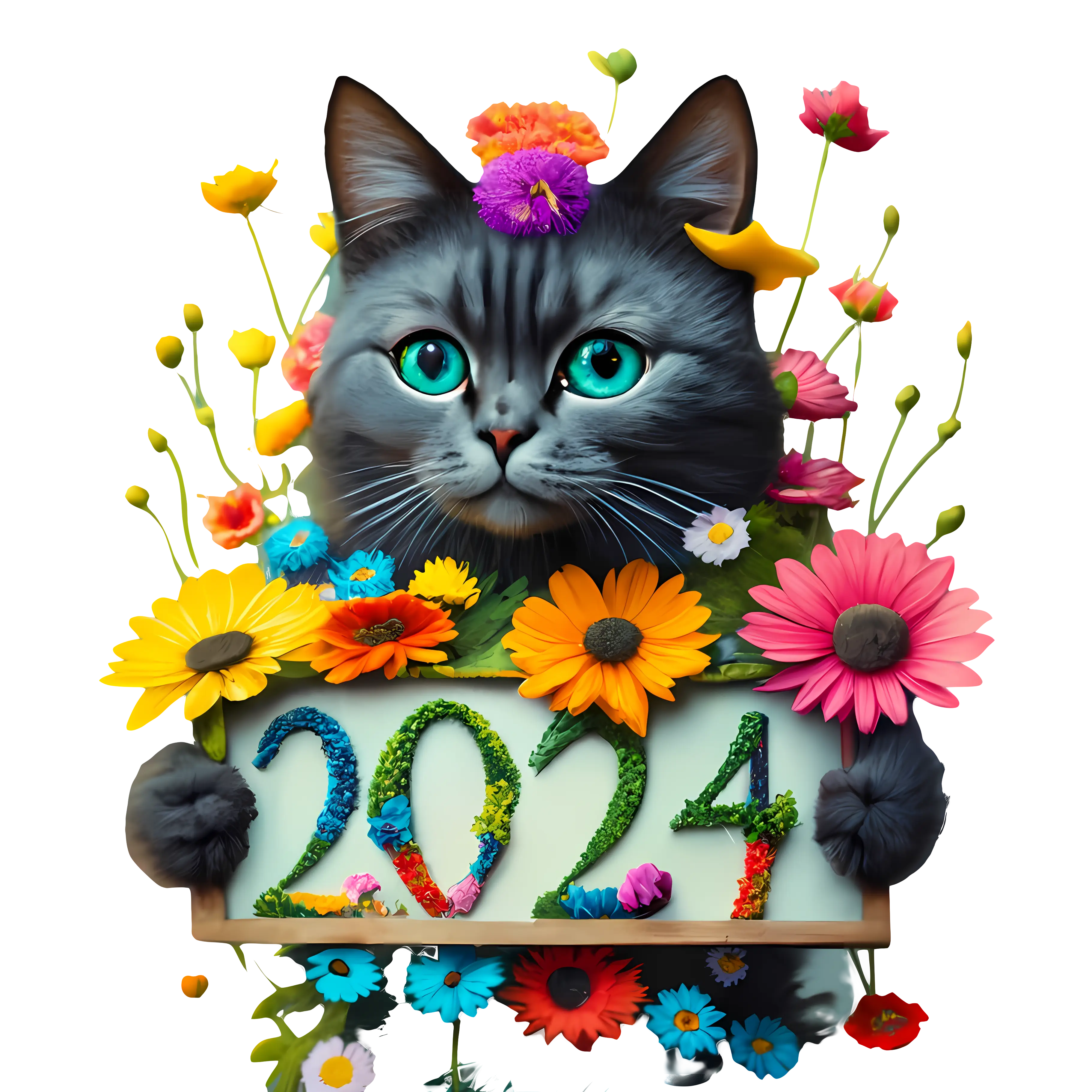 Cat with Flowers and 2024 Sign