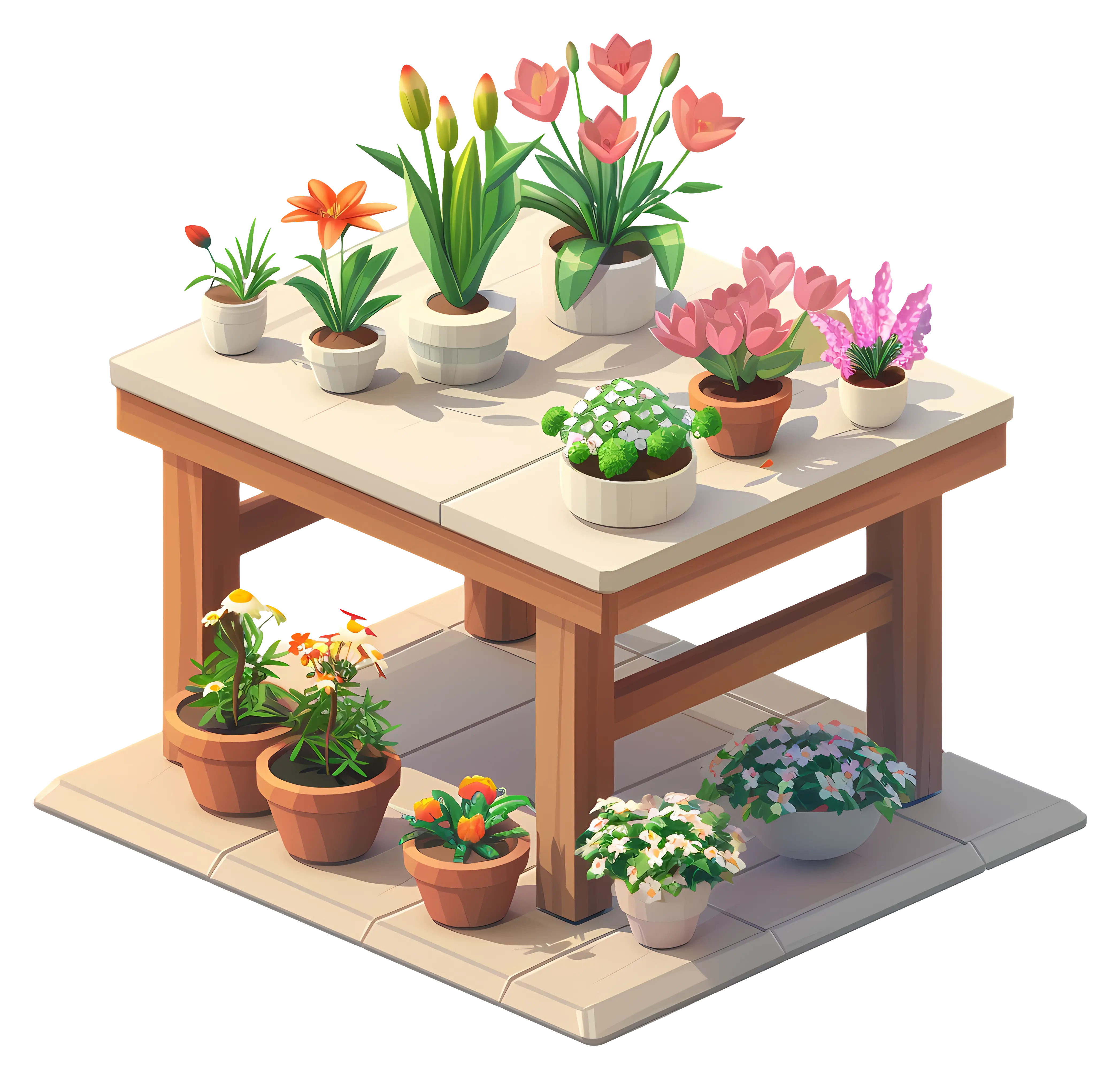 Potted Plants Display Table with Flowers