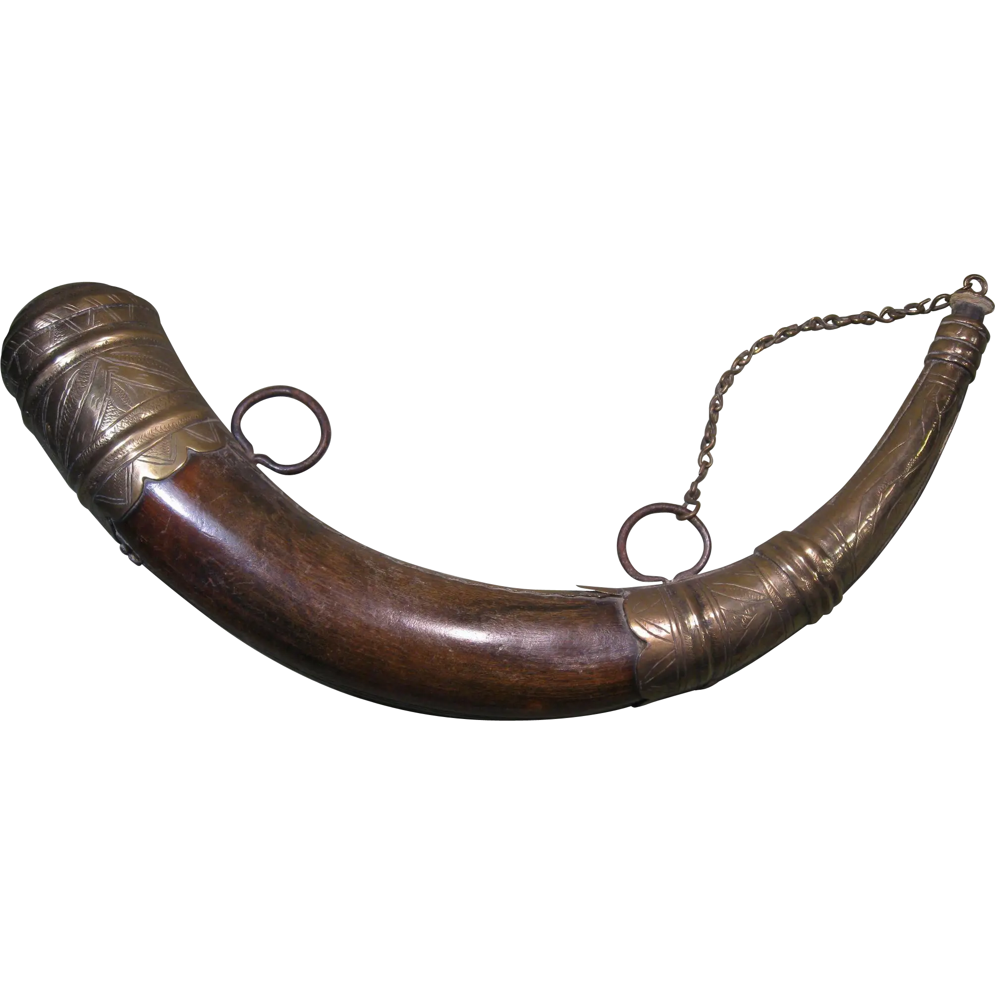 Vintage powder horn with metal accents