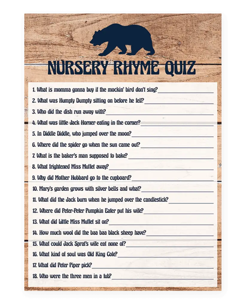 Nursery Rhyme Quiz Sheet with Wooden Background