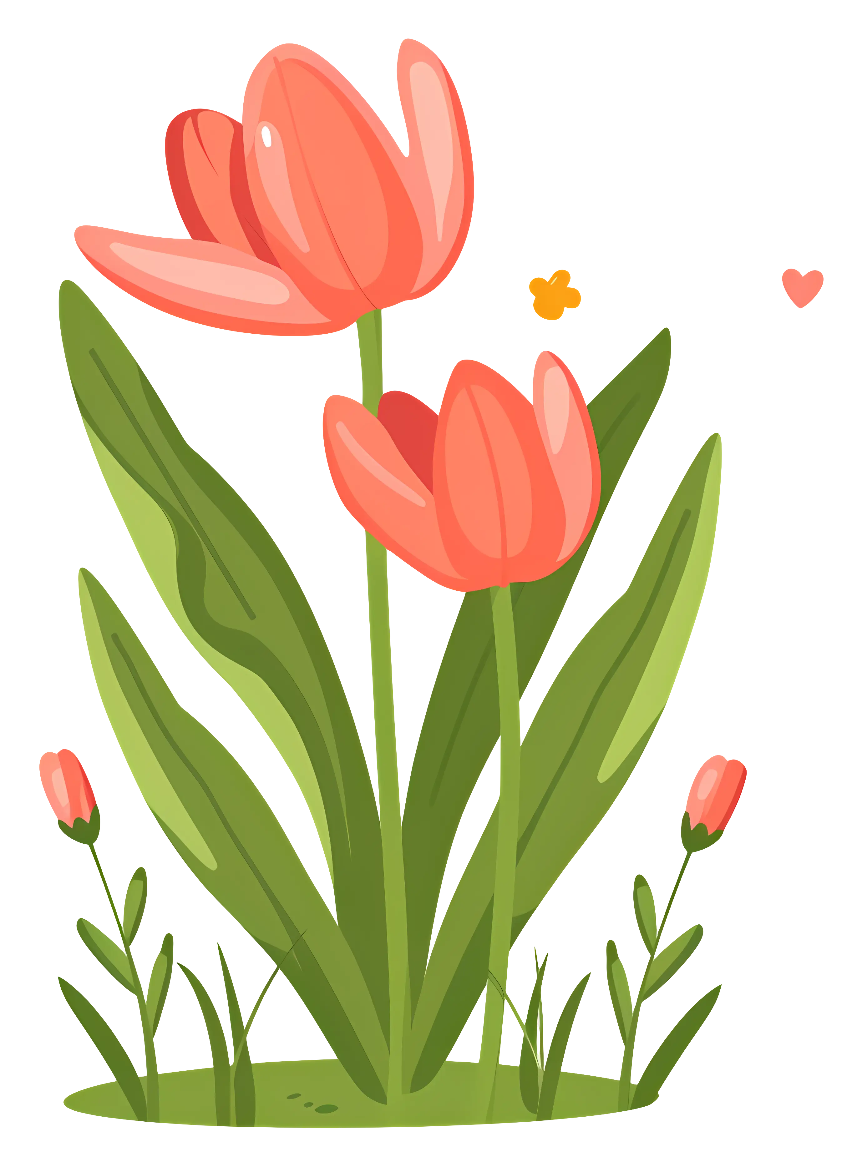 Cartoon Pink Tulip Flowers with Green Leaves
