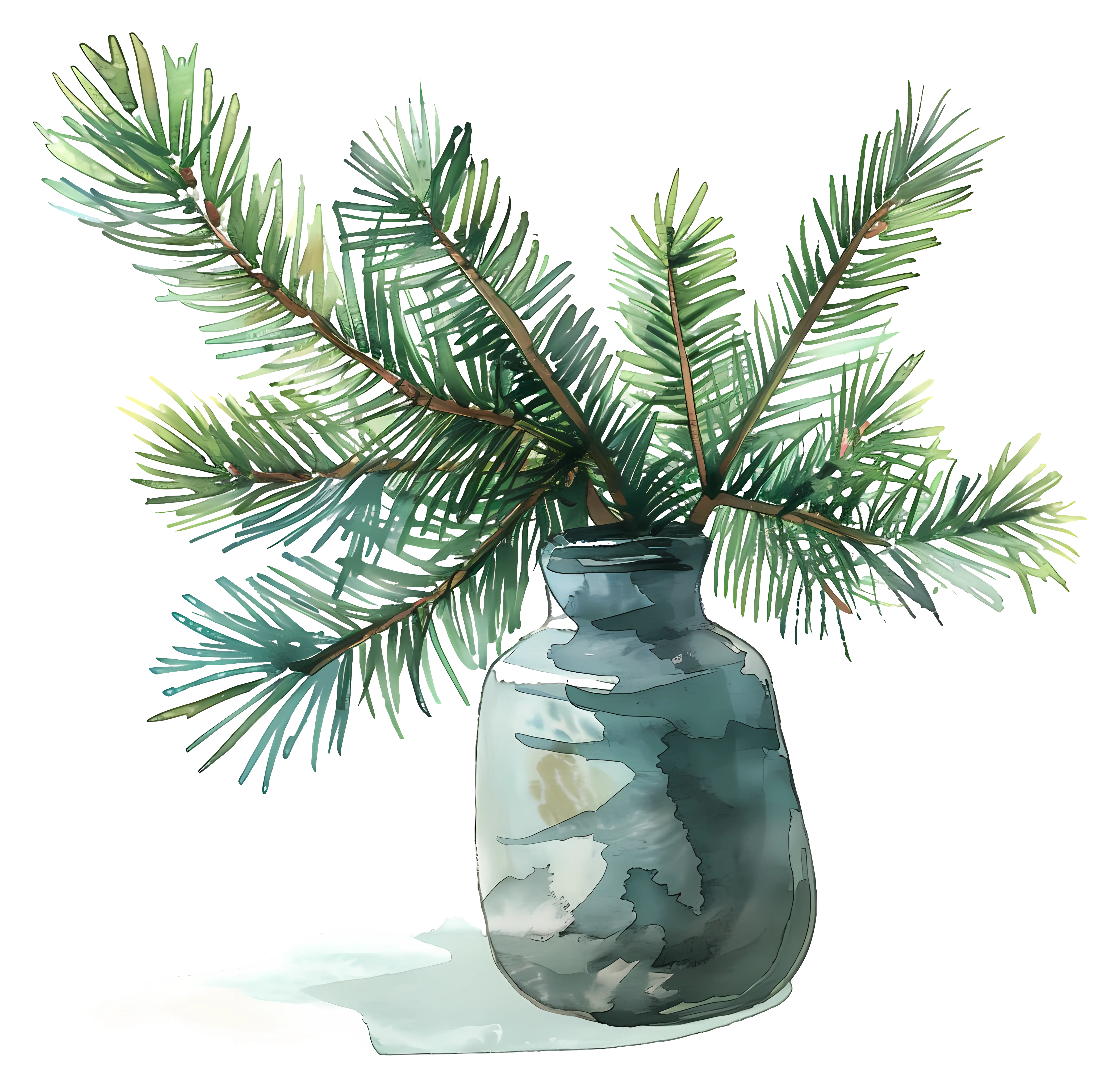 Vase with Pine Branches Watercolor Painting