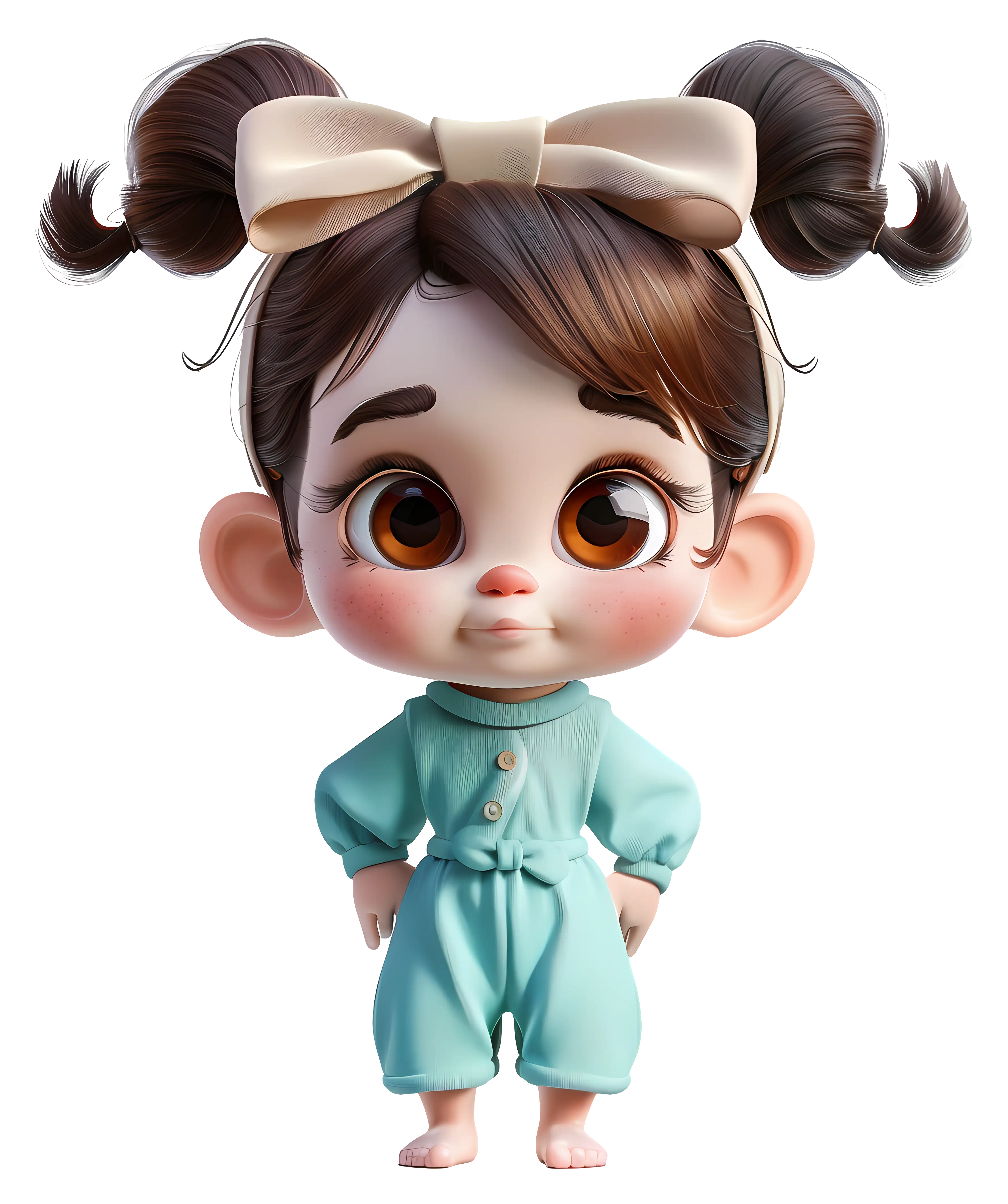 Cute Cartoon Girl with Big Eyes and Bow