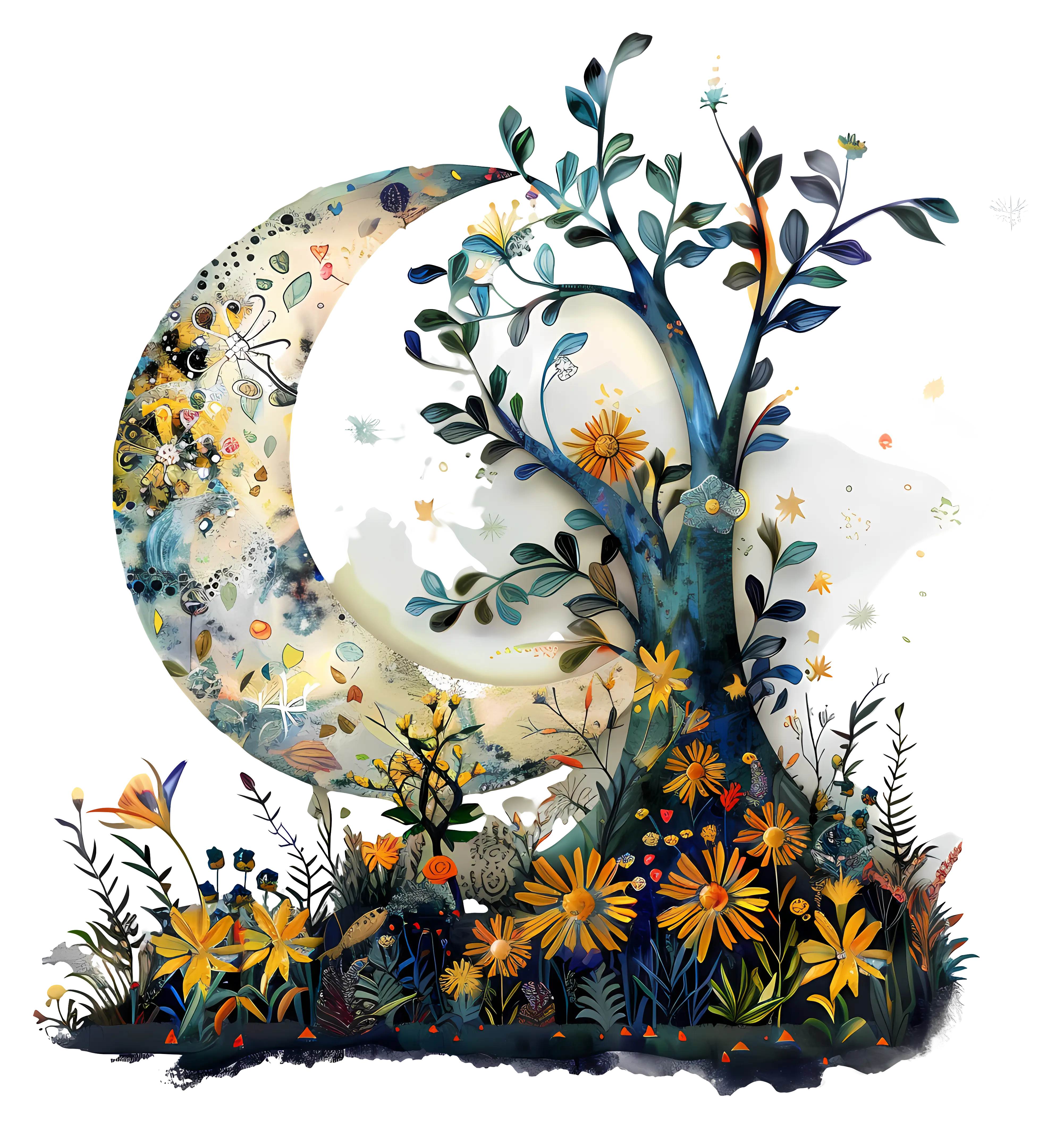 Fantasy Tree and Moon with Flowers