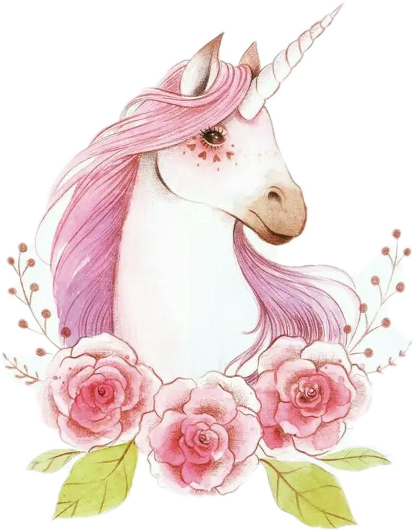 Beautiful Unicorn with Pink Hair and Flowers