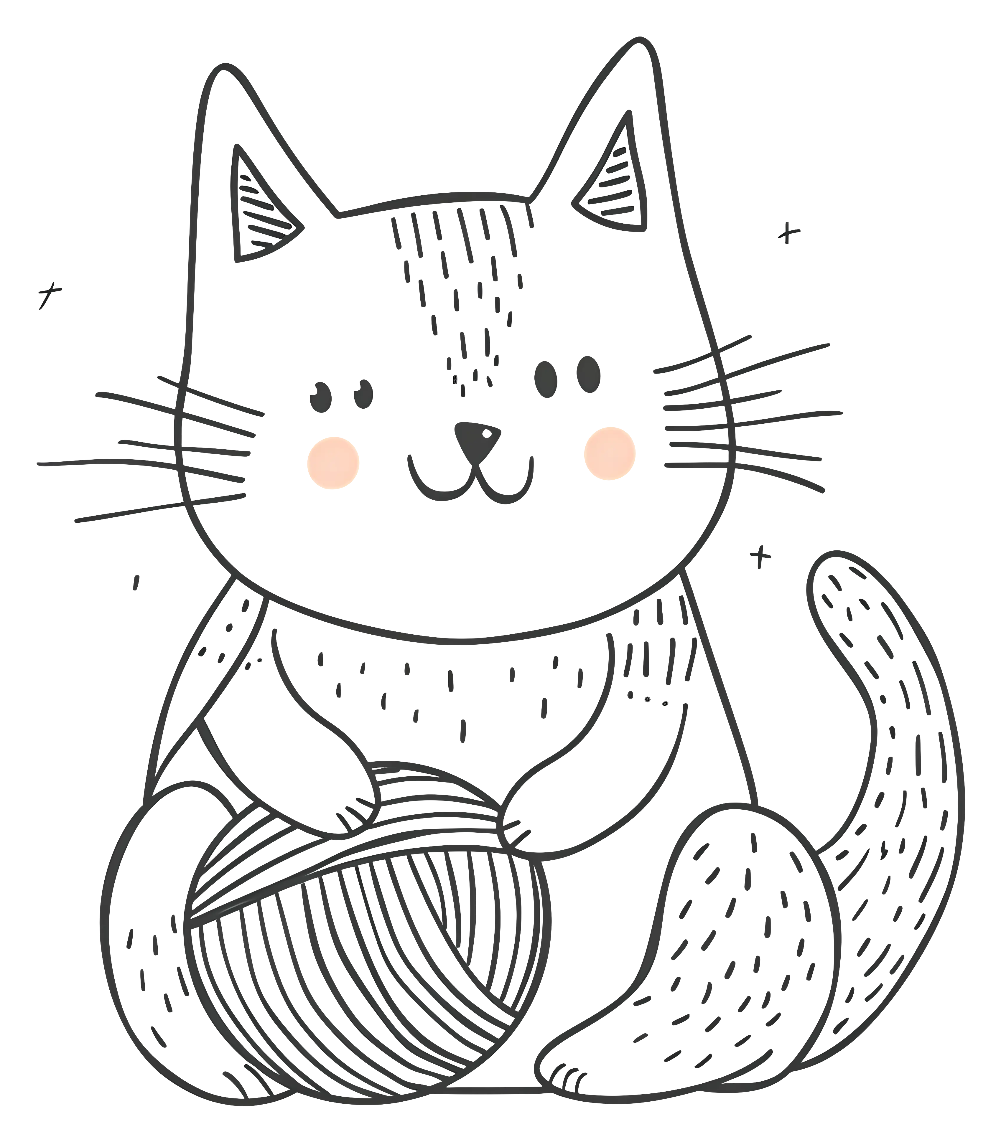 Black and White Cute Doodle Cat with Yarn