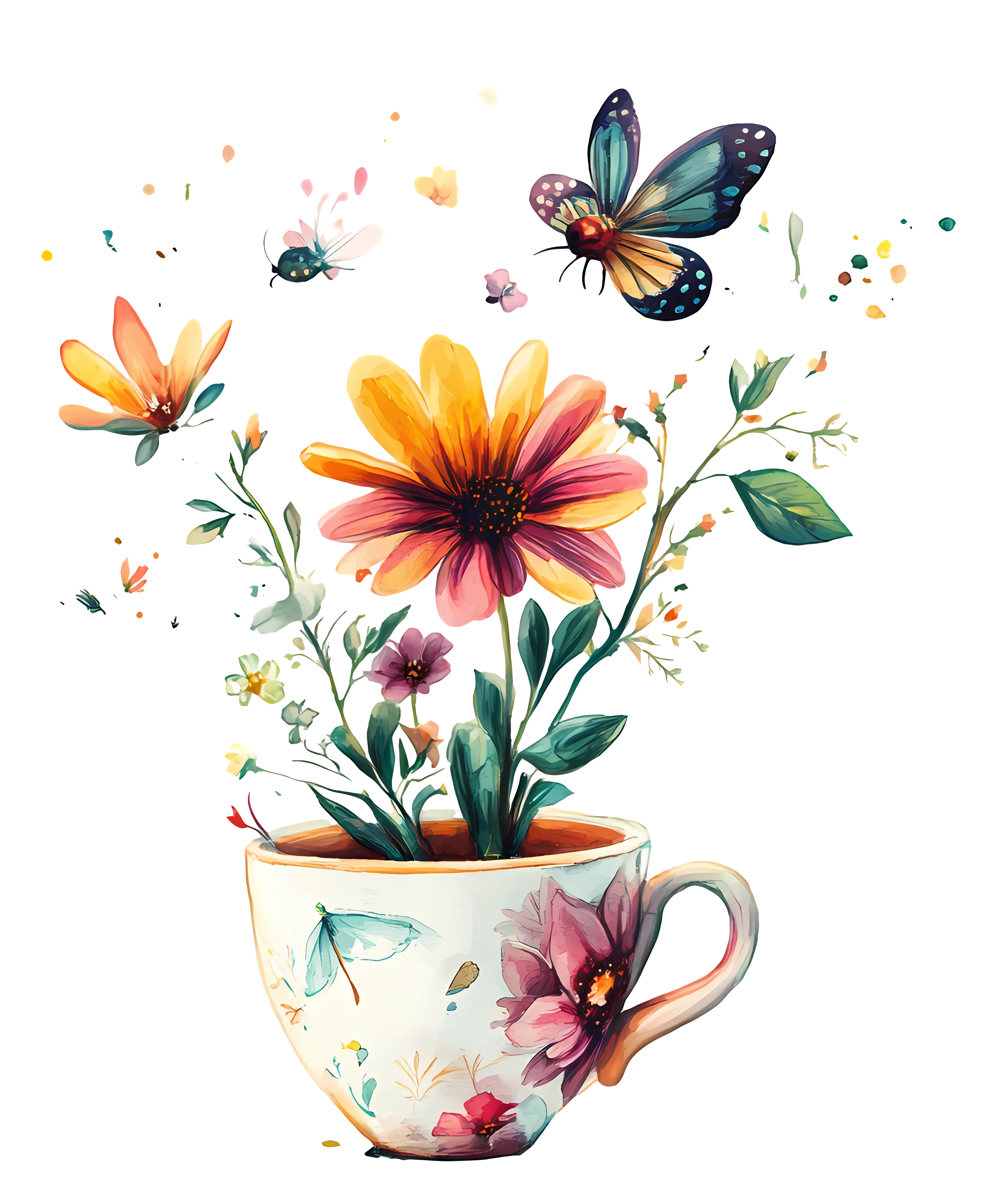 Colorful Flower and Butterflies in Cup