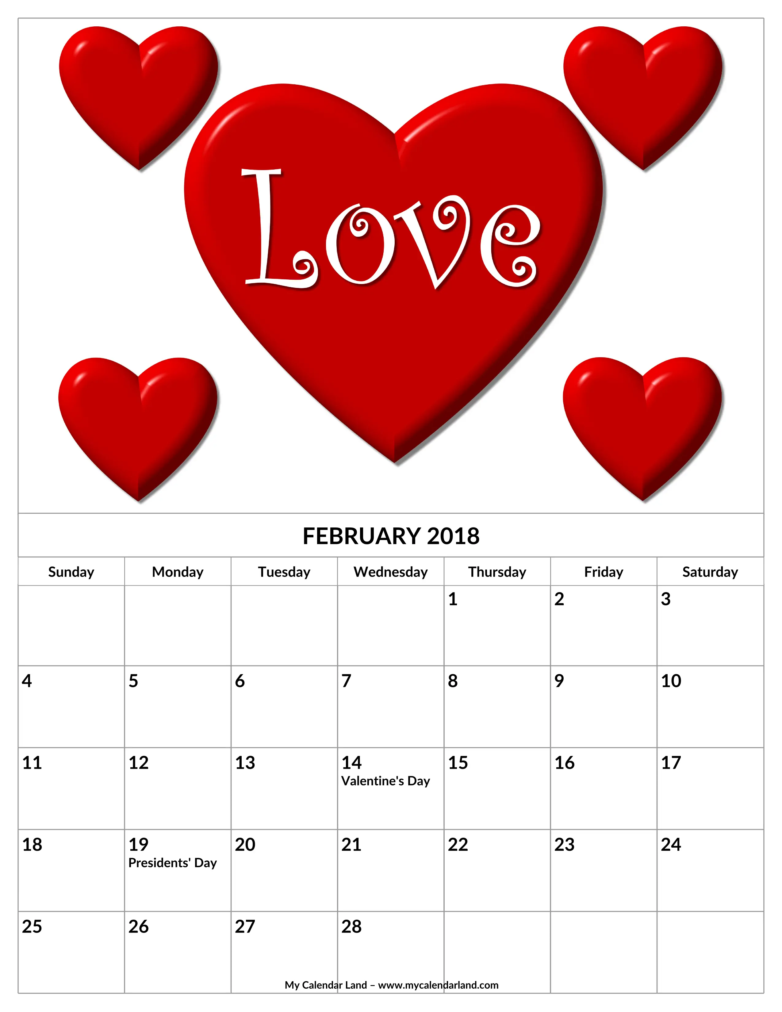 Valentineâ€™s Day February Calendar with Hearts