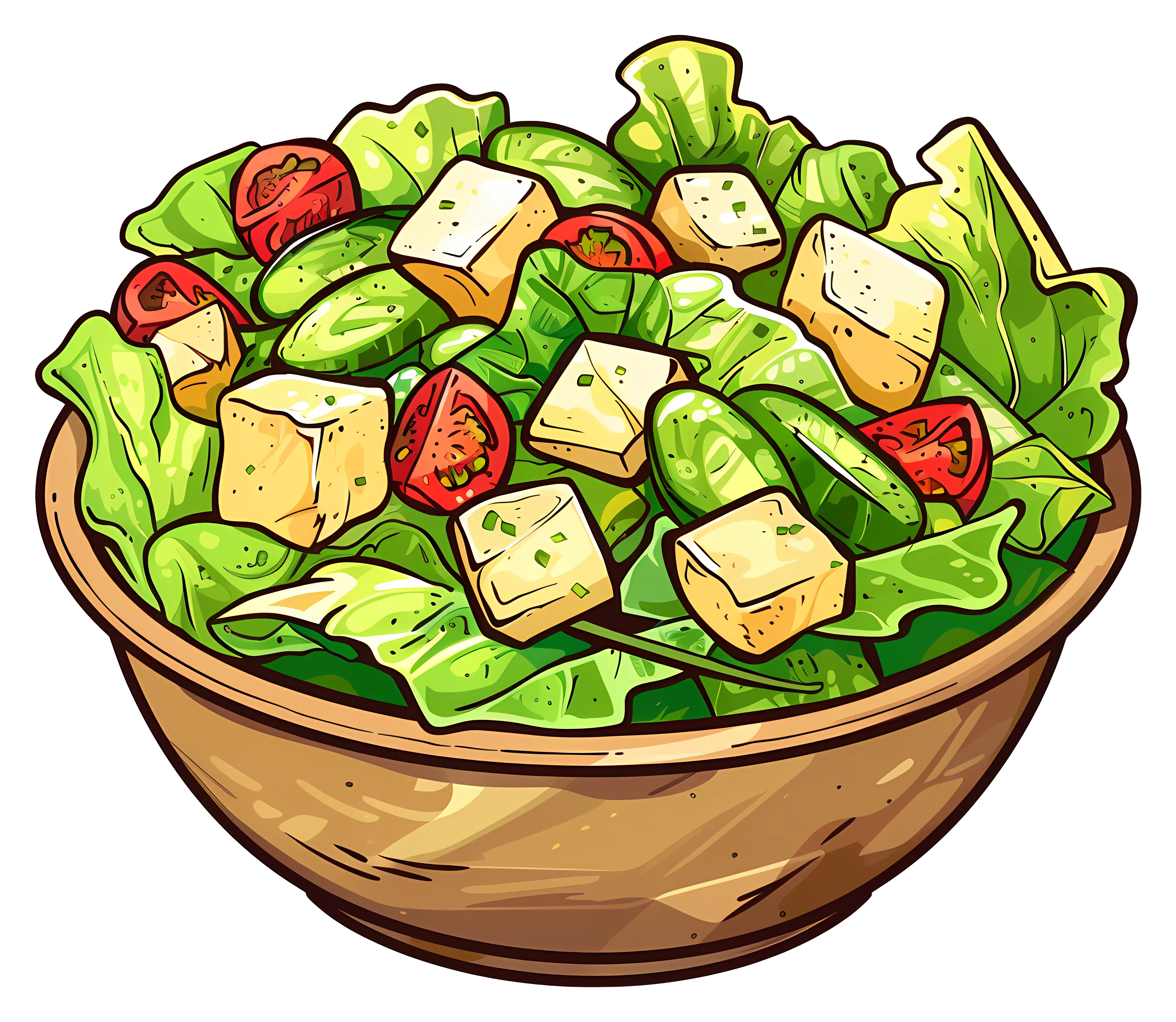 Fresh Vegetable and Tofu Salad in Wooden Bowl