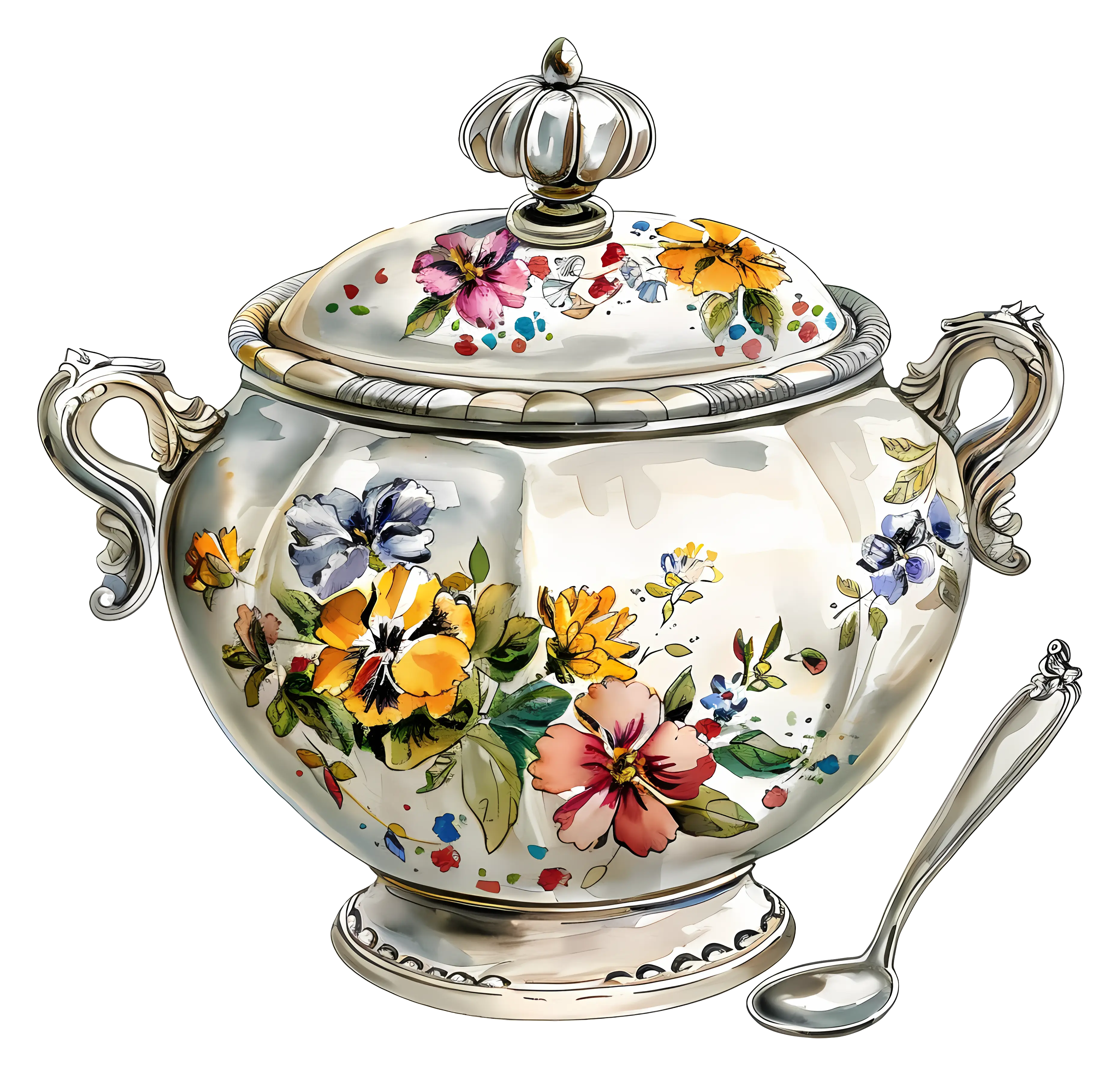 Floral Sugar Bowl with Spoon
