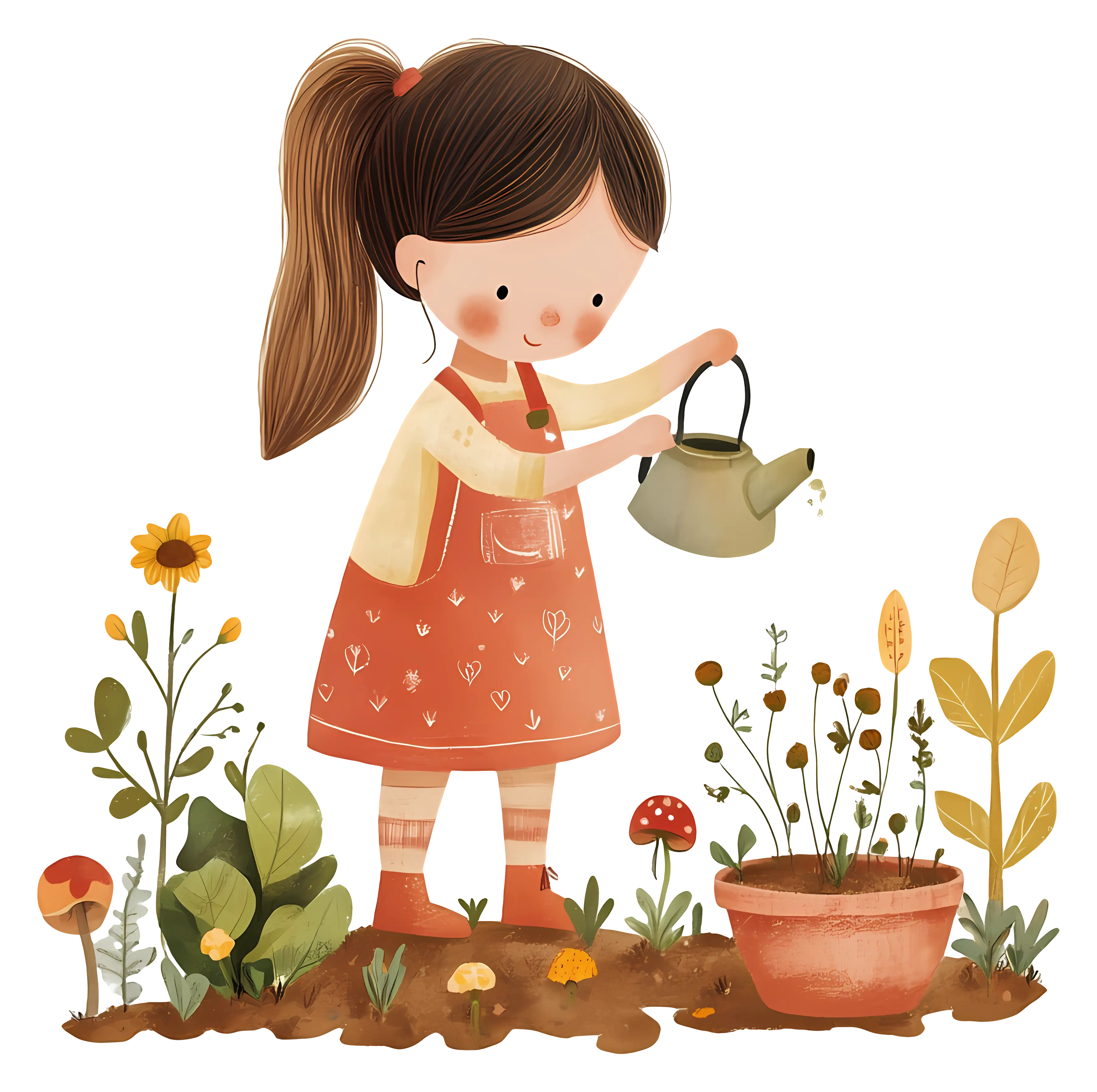Girl Watering Plants in the Garden