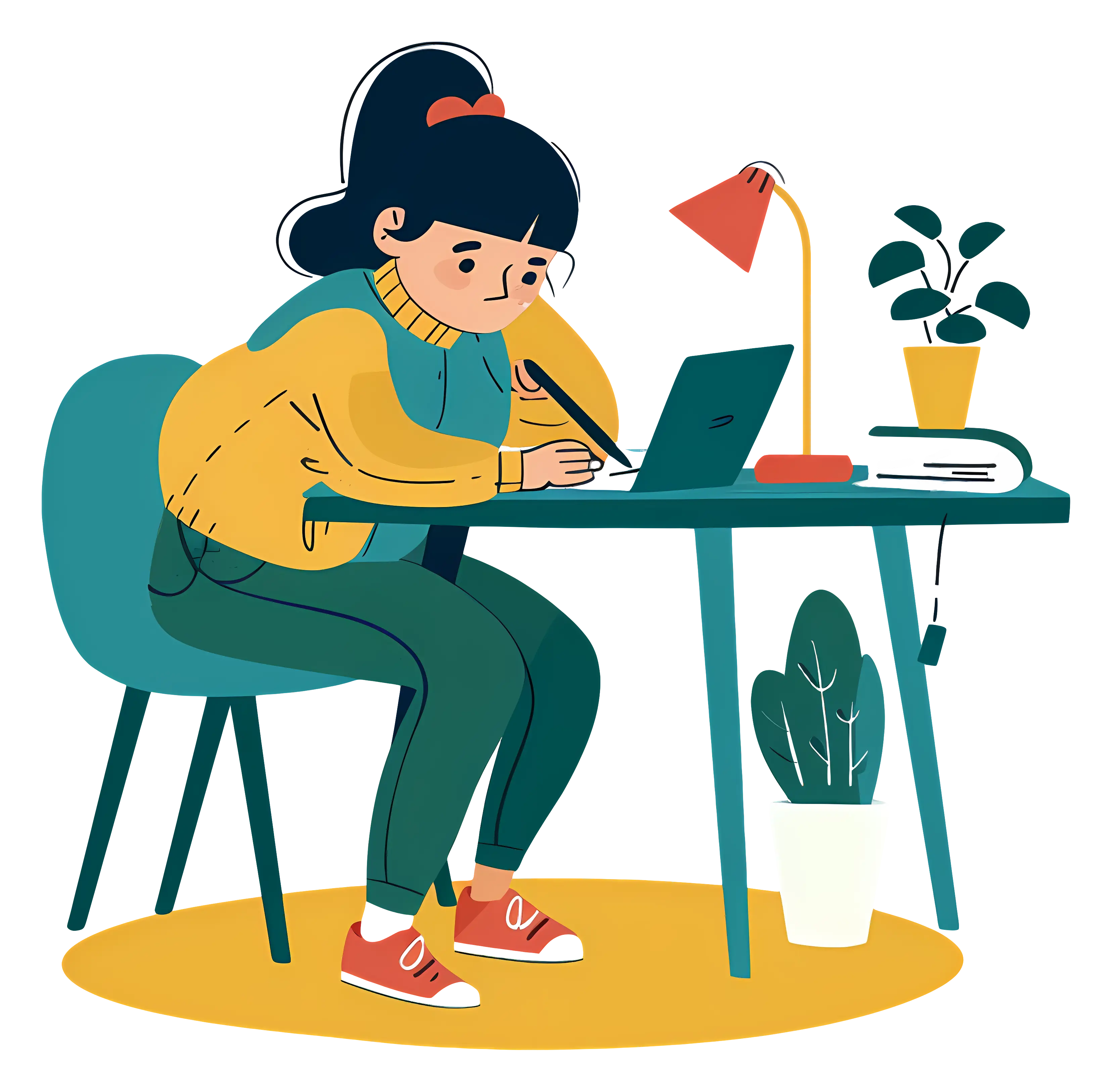Illustration of a Girl Studying at Her Desk