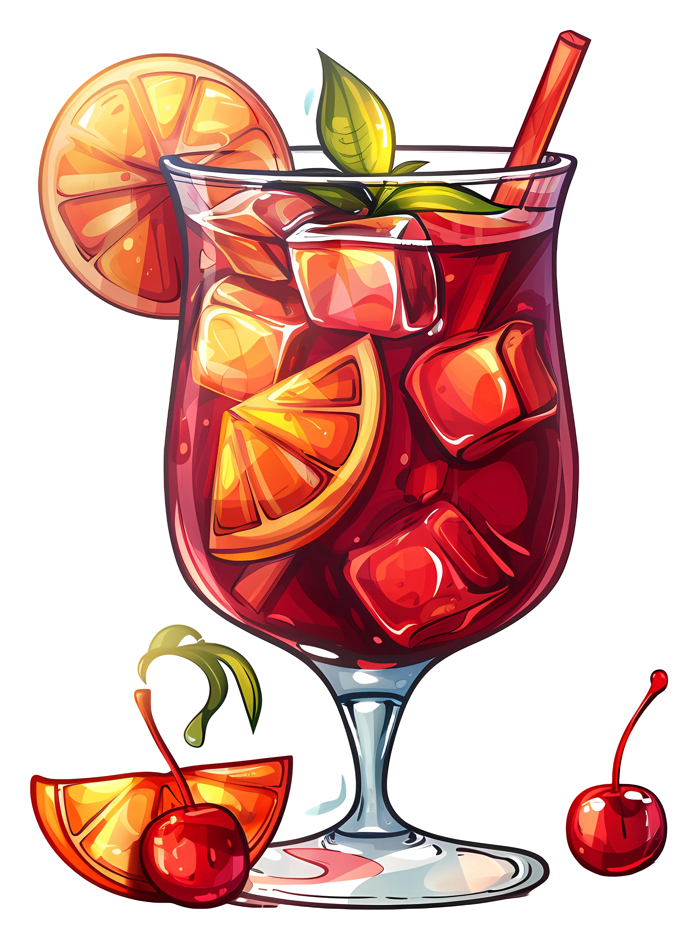 Refreshing Red Cocktail with Fruits and Ice