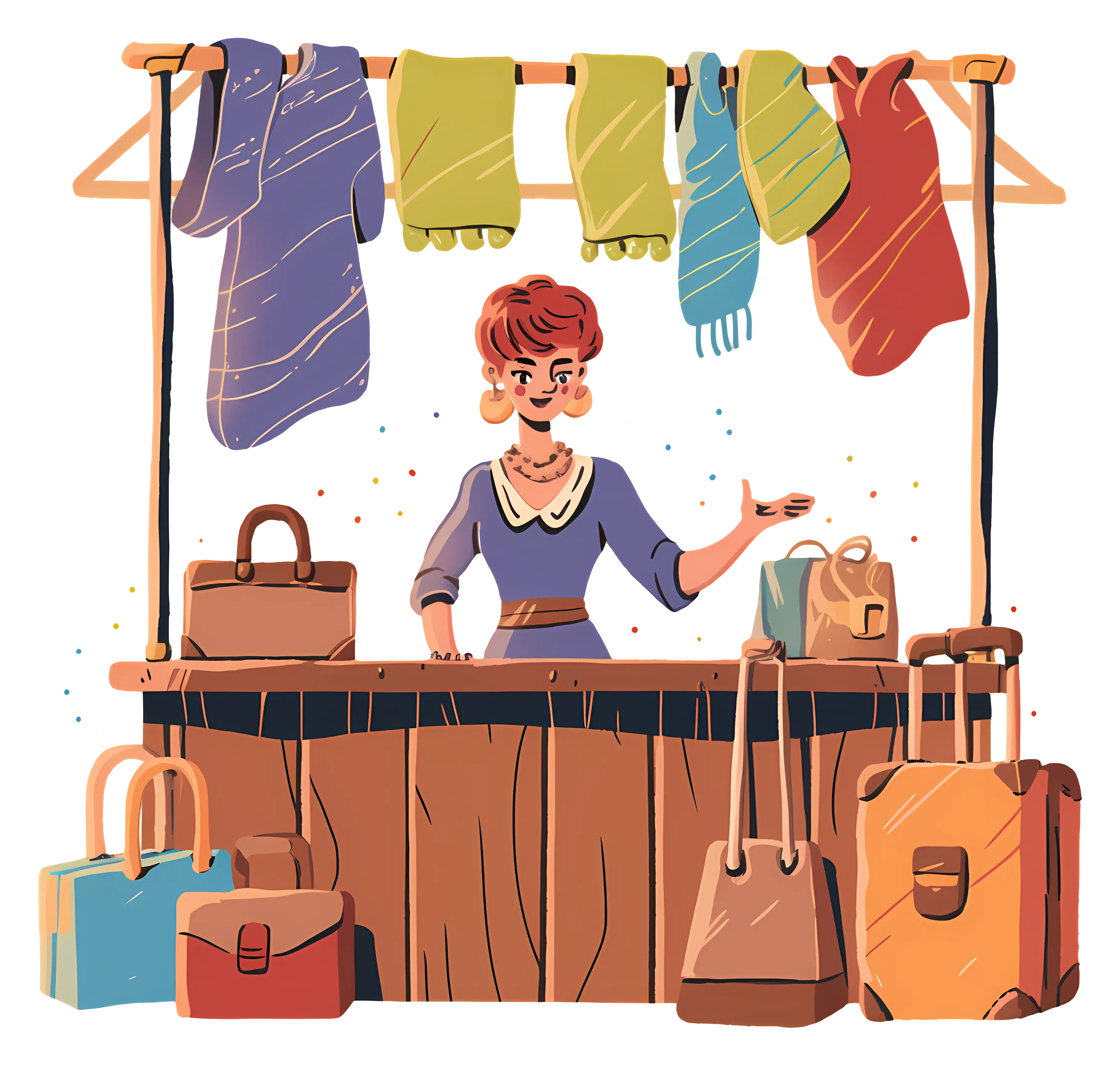 Colorful Market Stall with Clothes and Bags