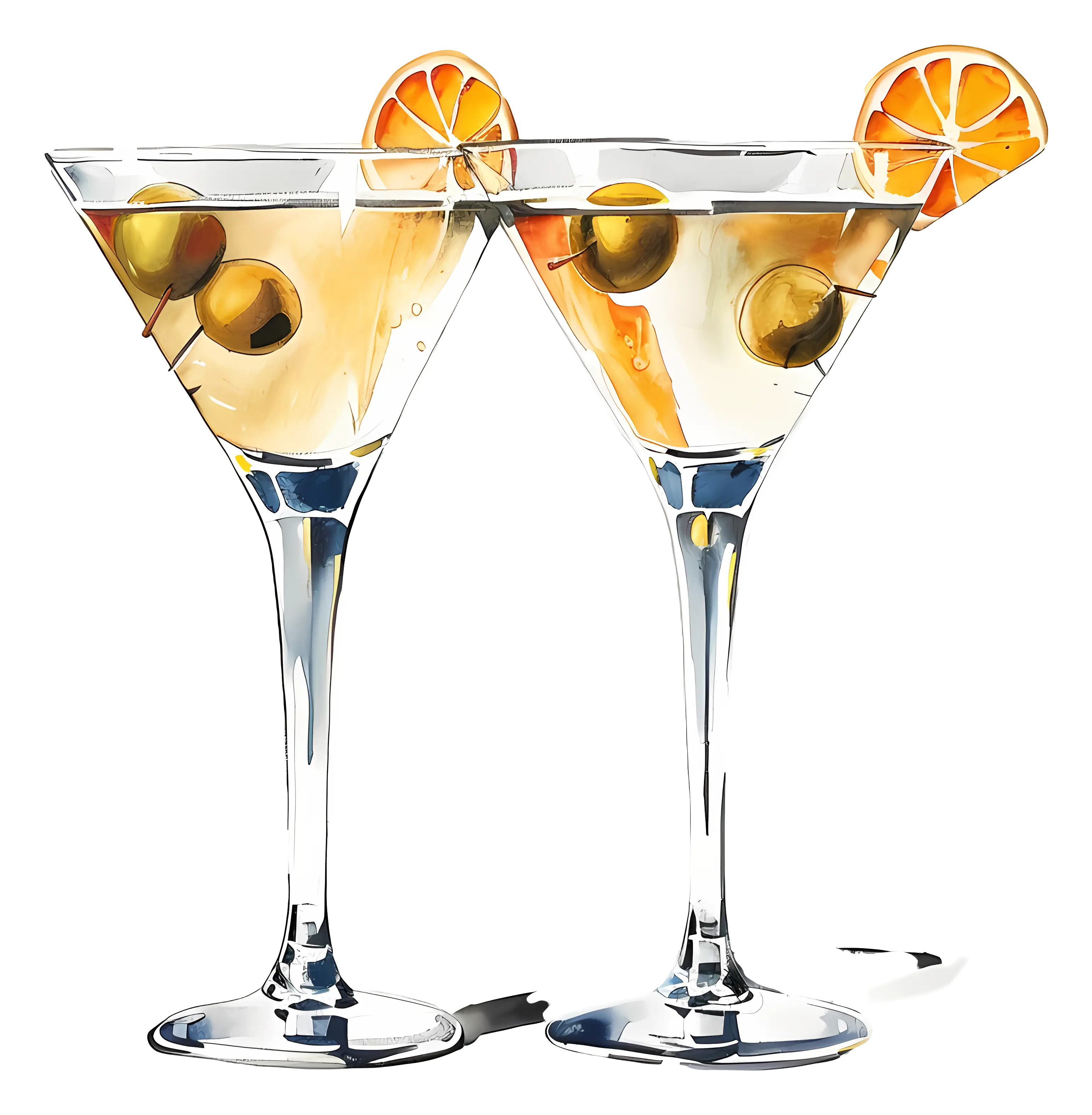 Martini Glasses with Olives and Orange Garnish