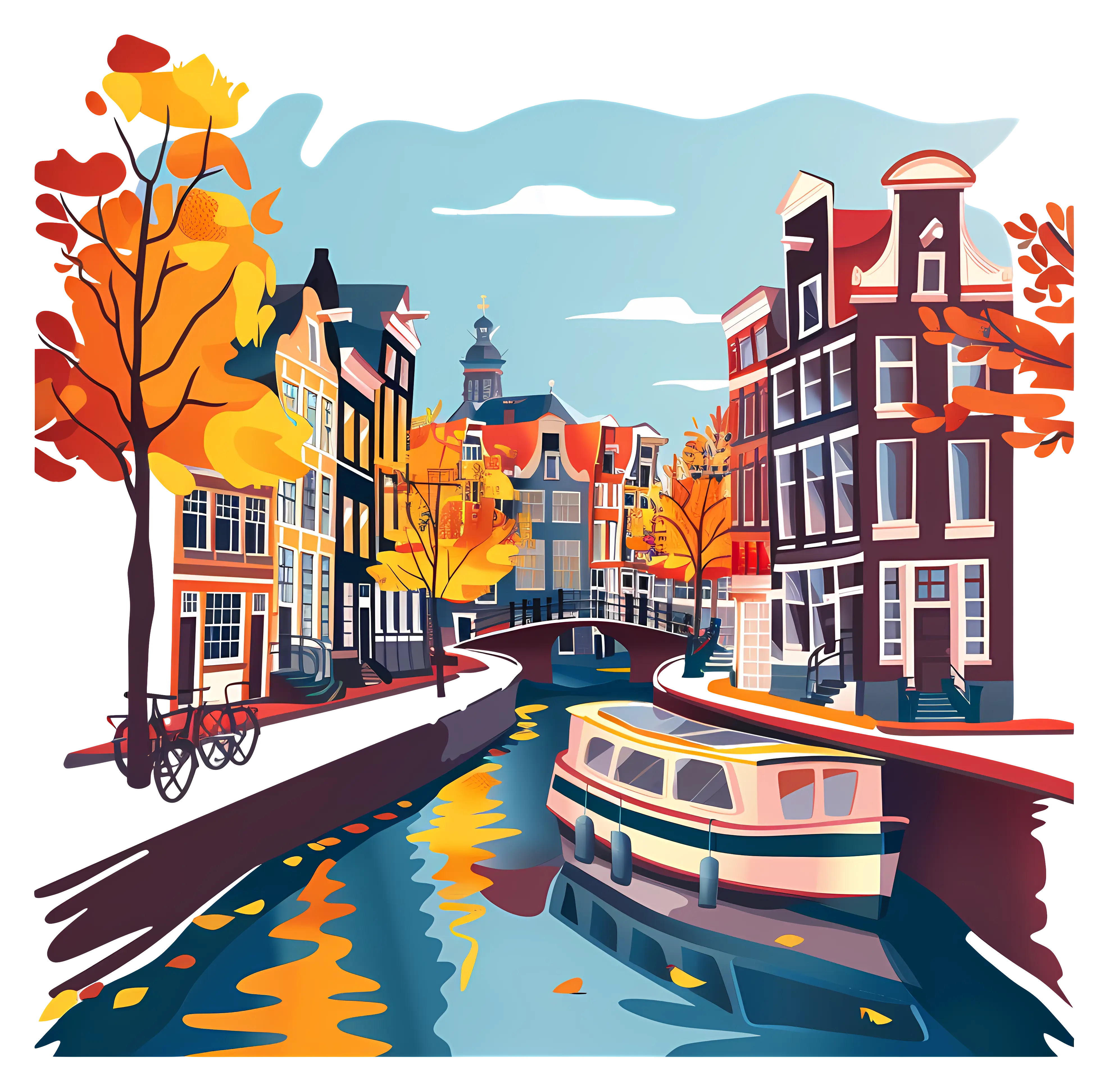 Autumn Cityscape with Canal and Boats