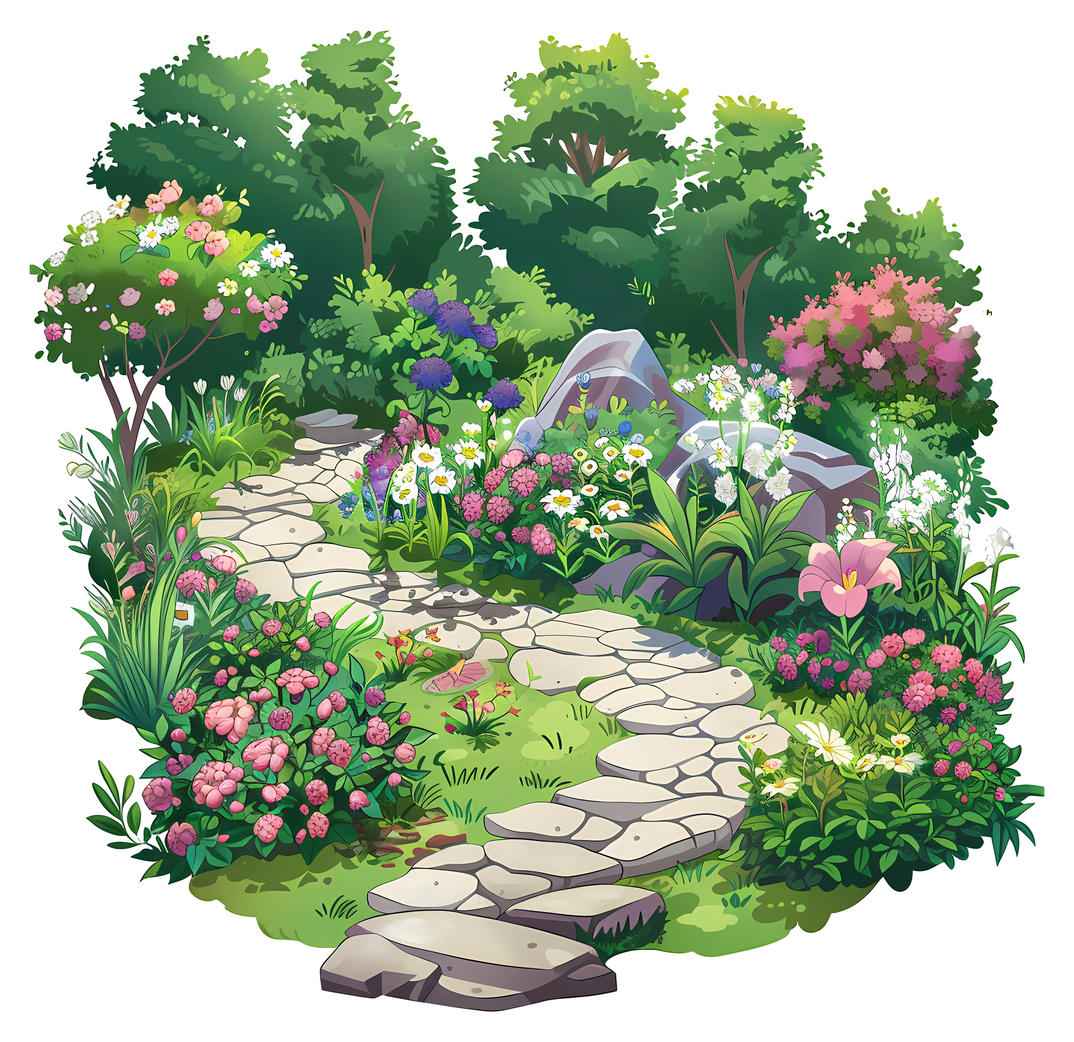 Beautiful garden path surrounded by blooming flowers