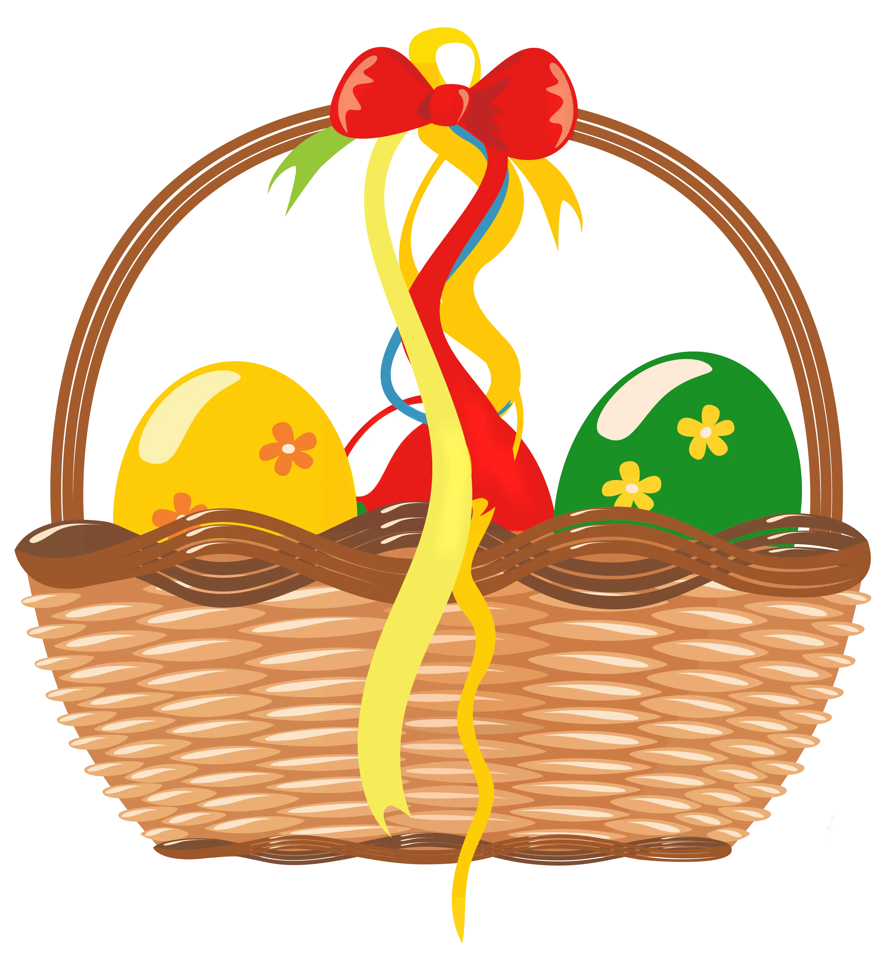 Easter Basket with Colorful Eggs and Ribbon
