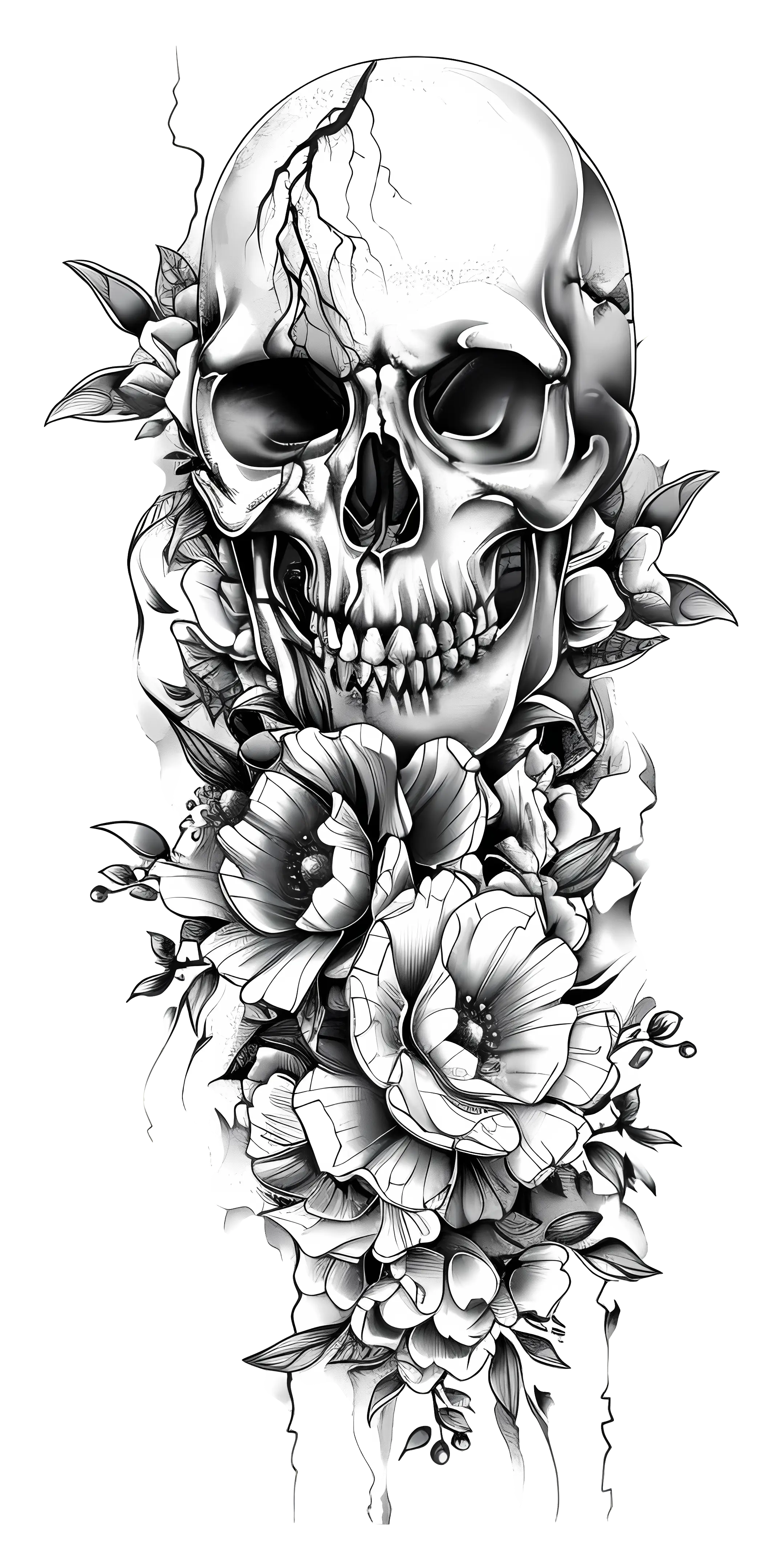 Skull and floral black-and-white tattoo illustration