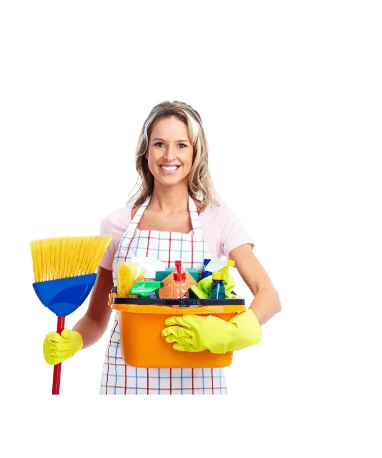 Happy Woman Holding Cleaning Supplies Bucket