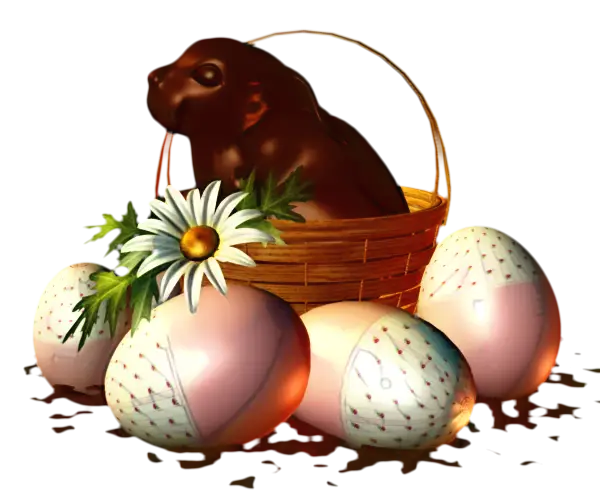 Chocolate Rabbit in Easter Basket with Eggs