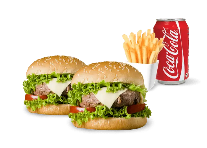 Fast Food Meal Set with Burgers, Fries, and Soda