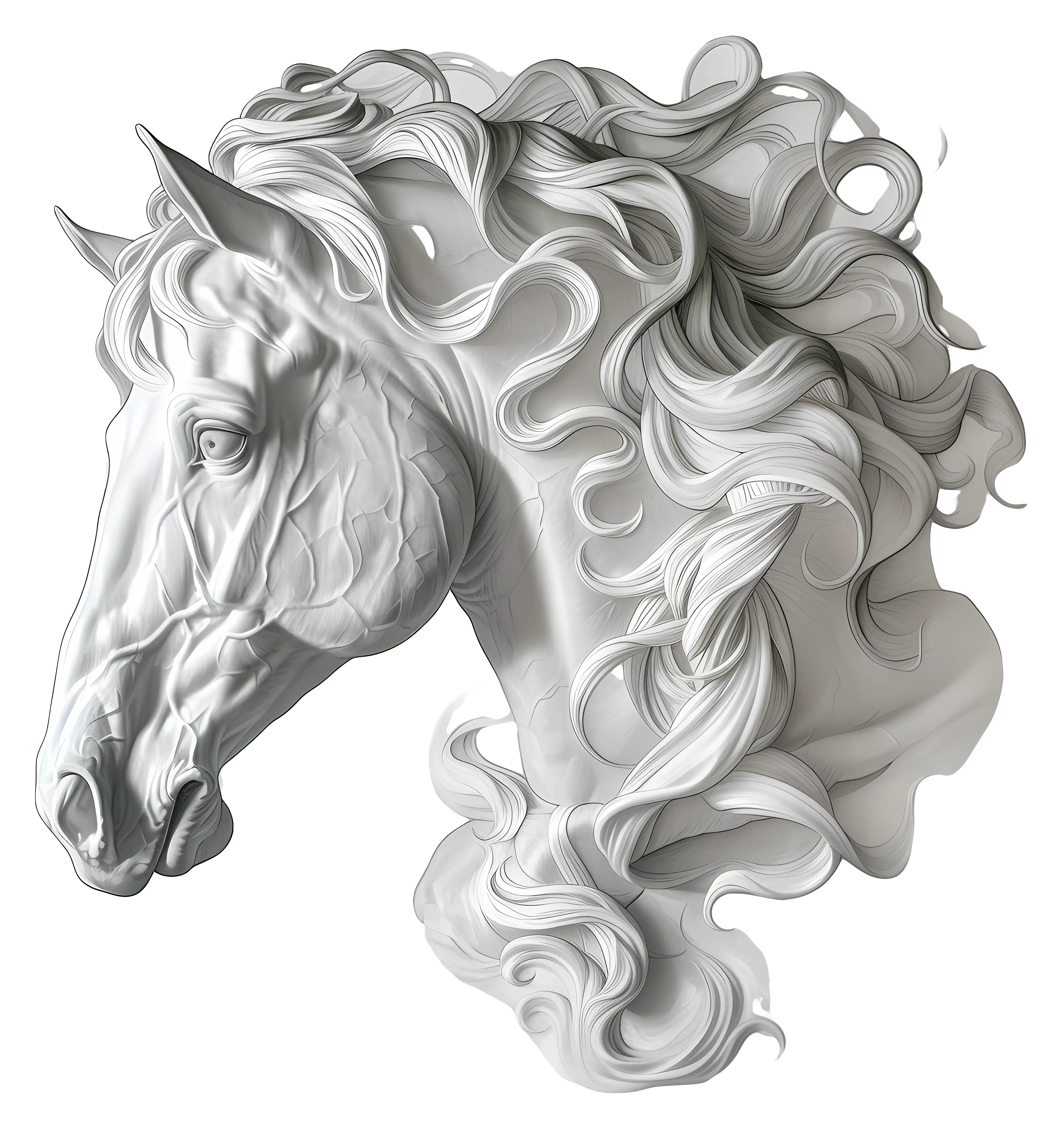 Detailed Sculpted Horse Head with Flowing Mane