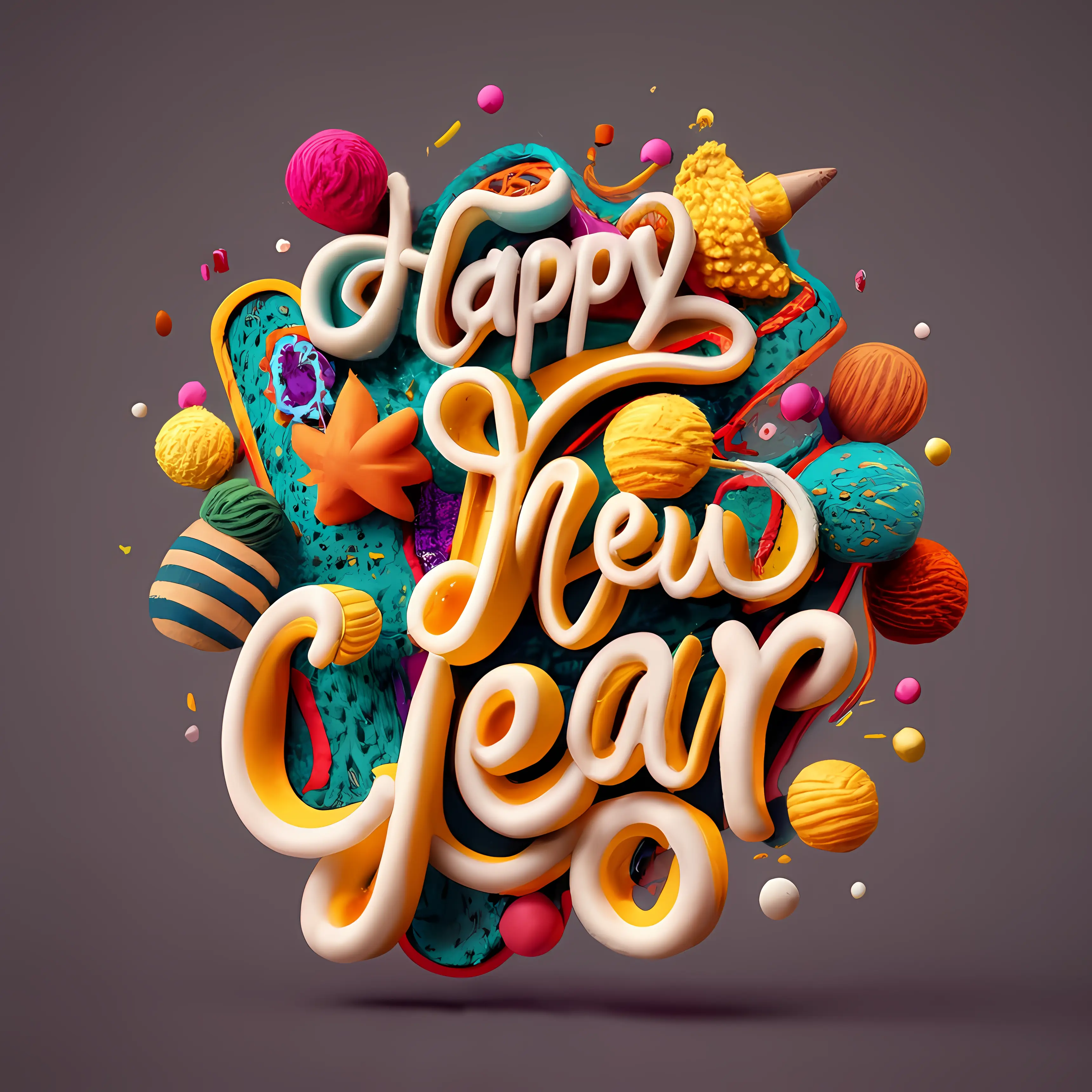 Happy New Year Text with Colorful Decorations