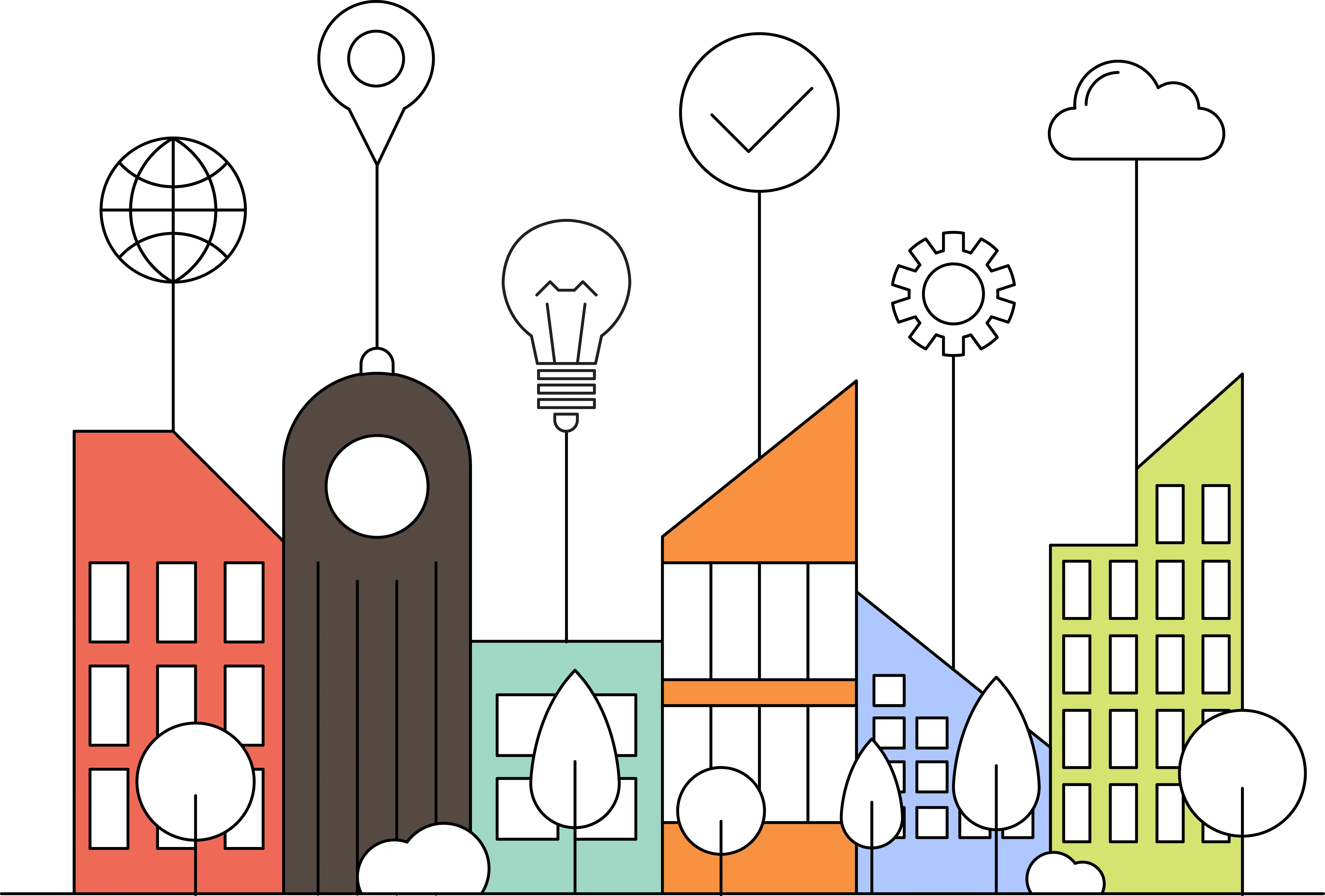 Colorful Buildings with Icons