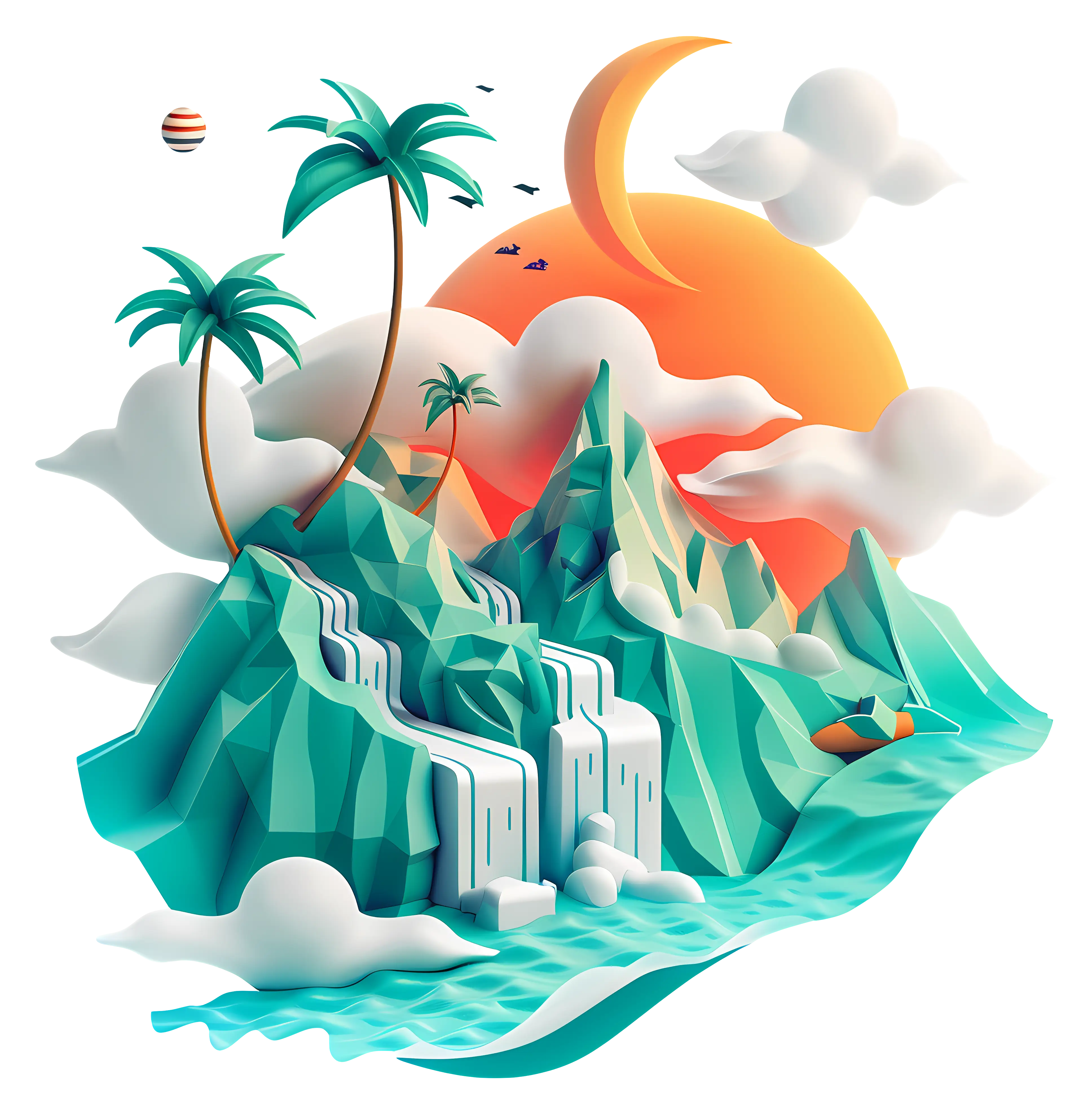 Tropical Island with Waterfall