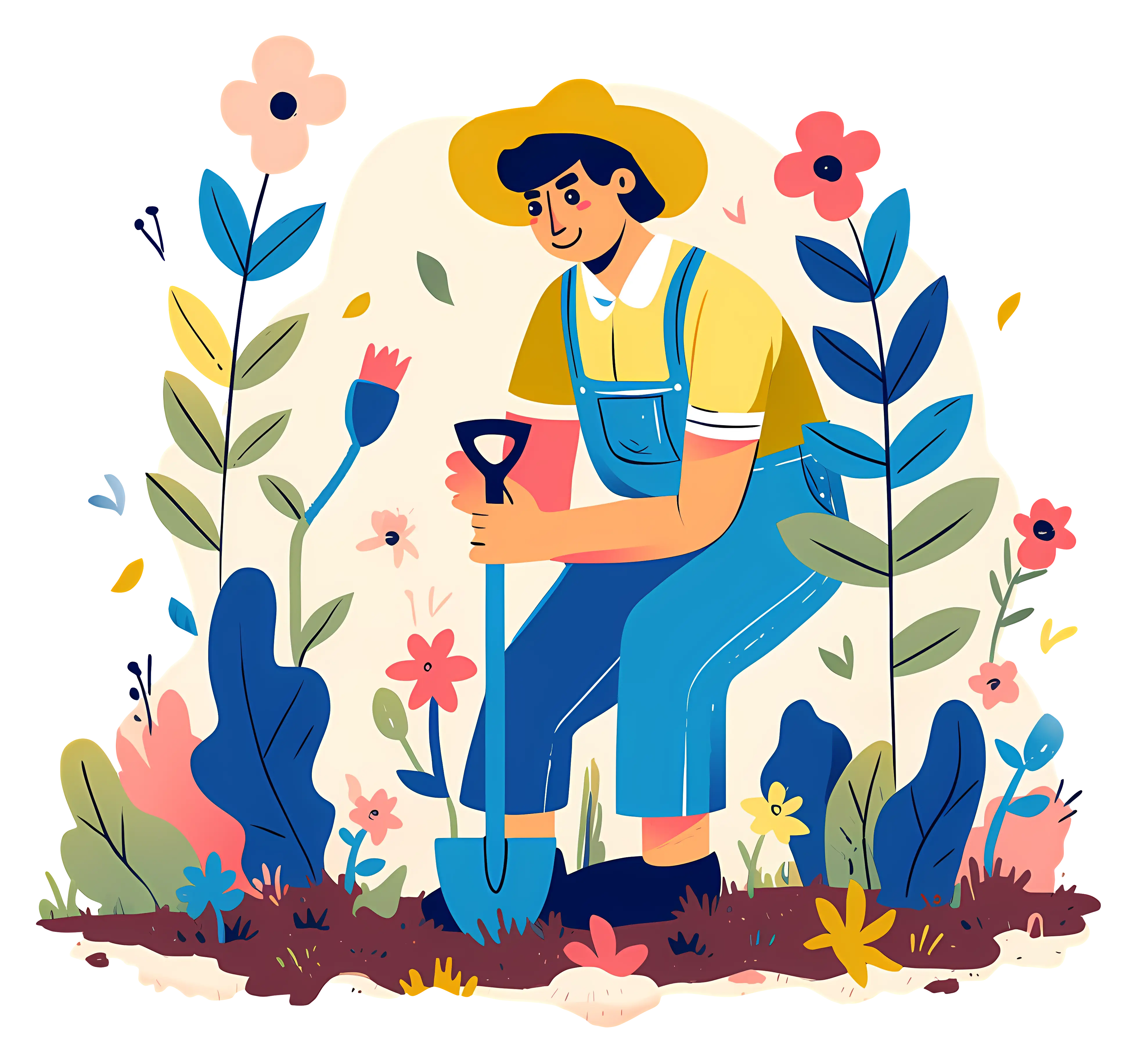 Gardener Planting Flowers in a Vibrant Garden Scene