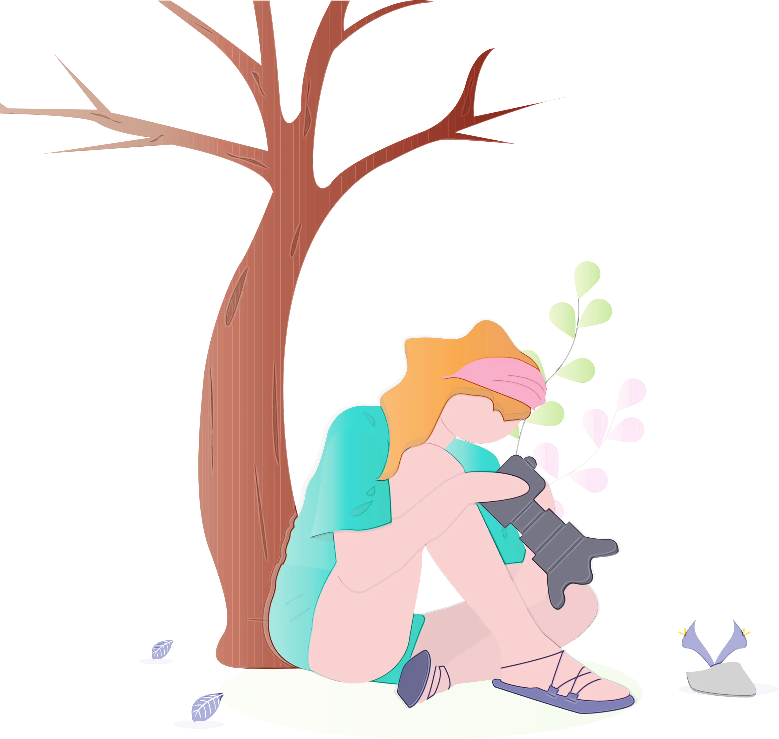 Woman Sitting with Cat Under Tree in Bright Setting