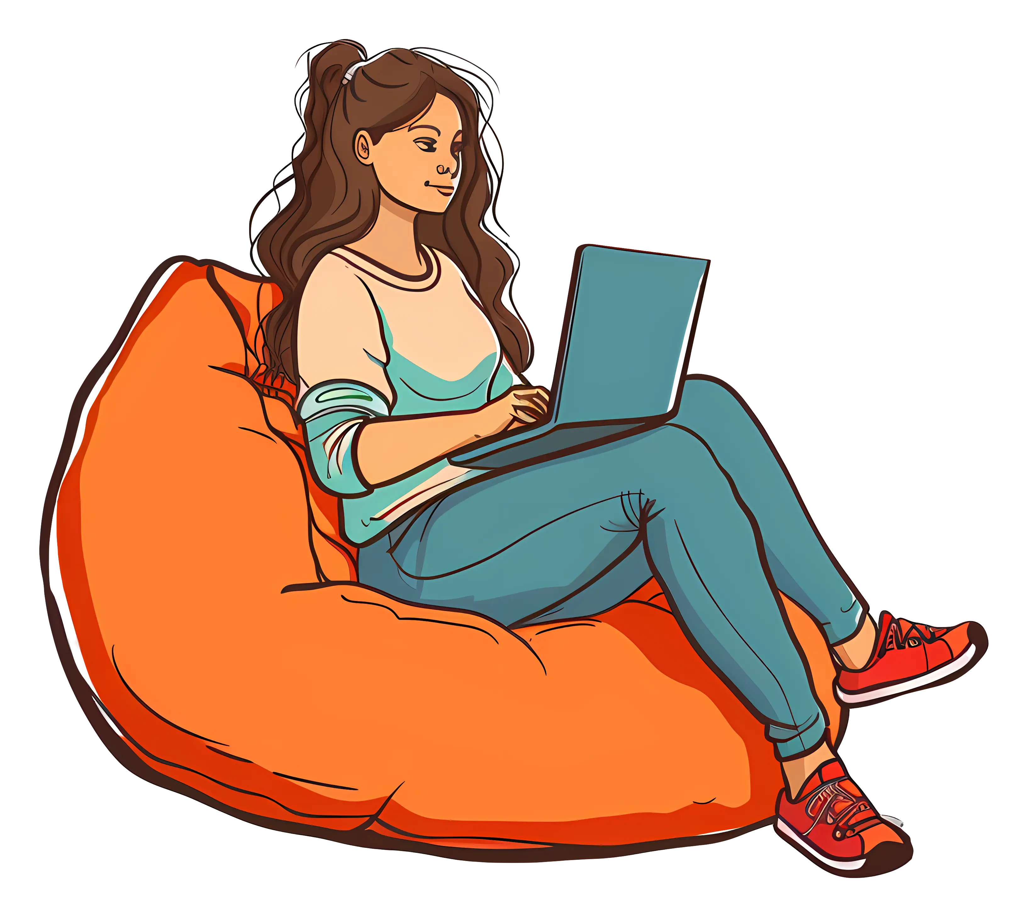 Woman Relaxing with Laptop on Bean Bag