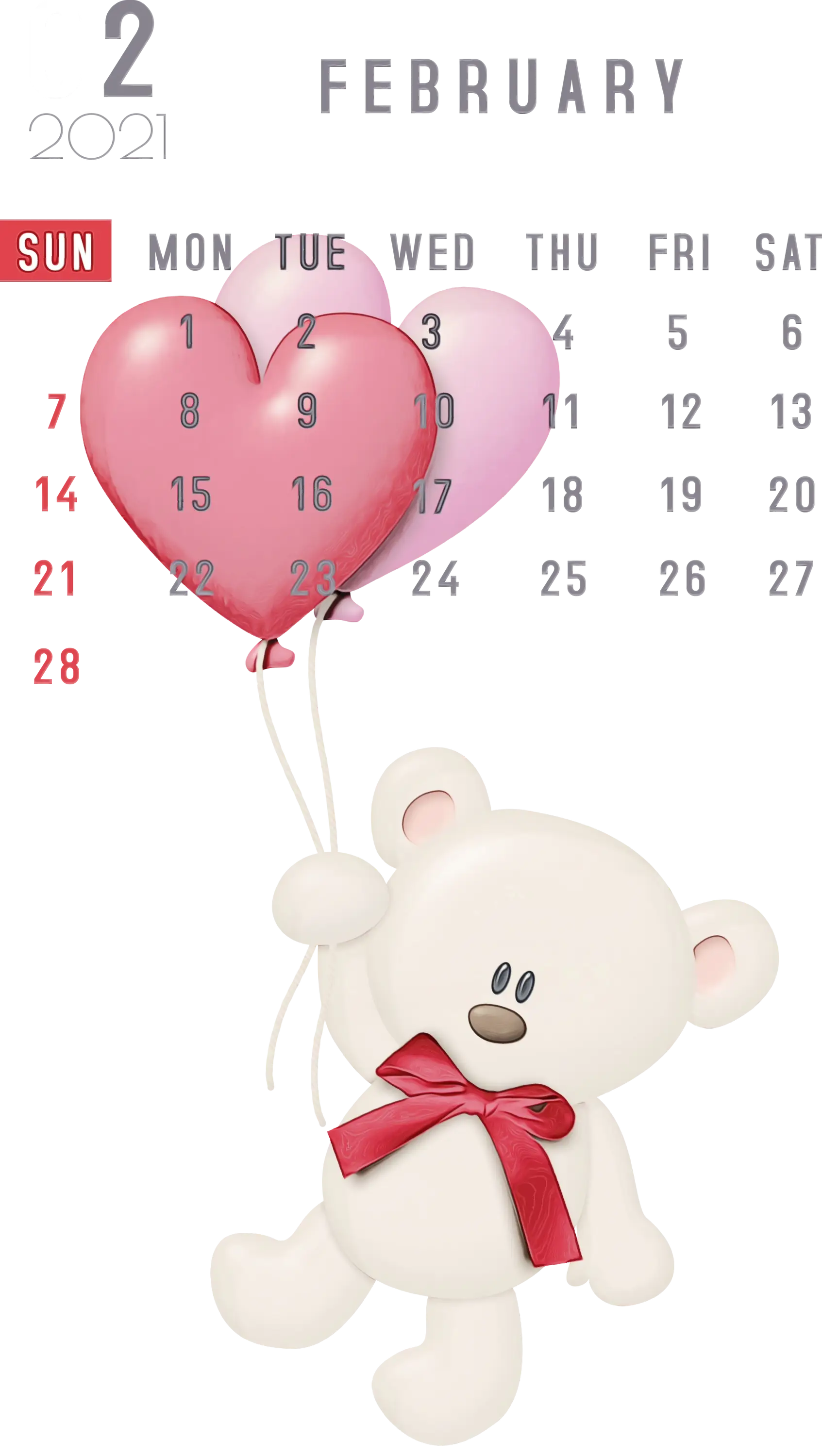 February Calendar with White Teddy and Balloons