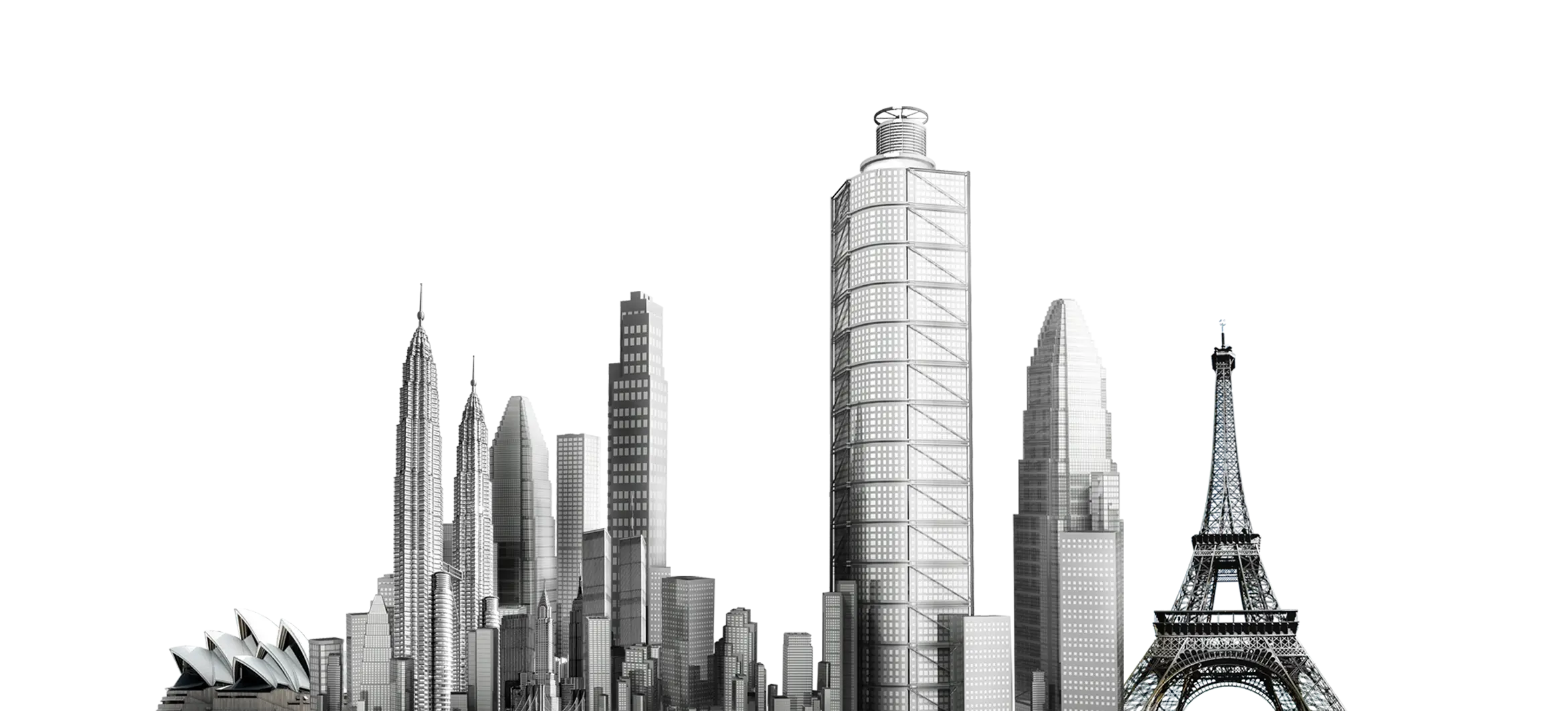 Monochrome City Skyline with Famous Landmarks