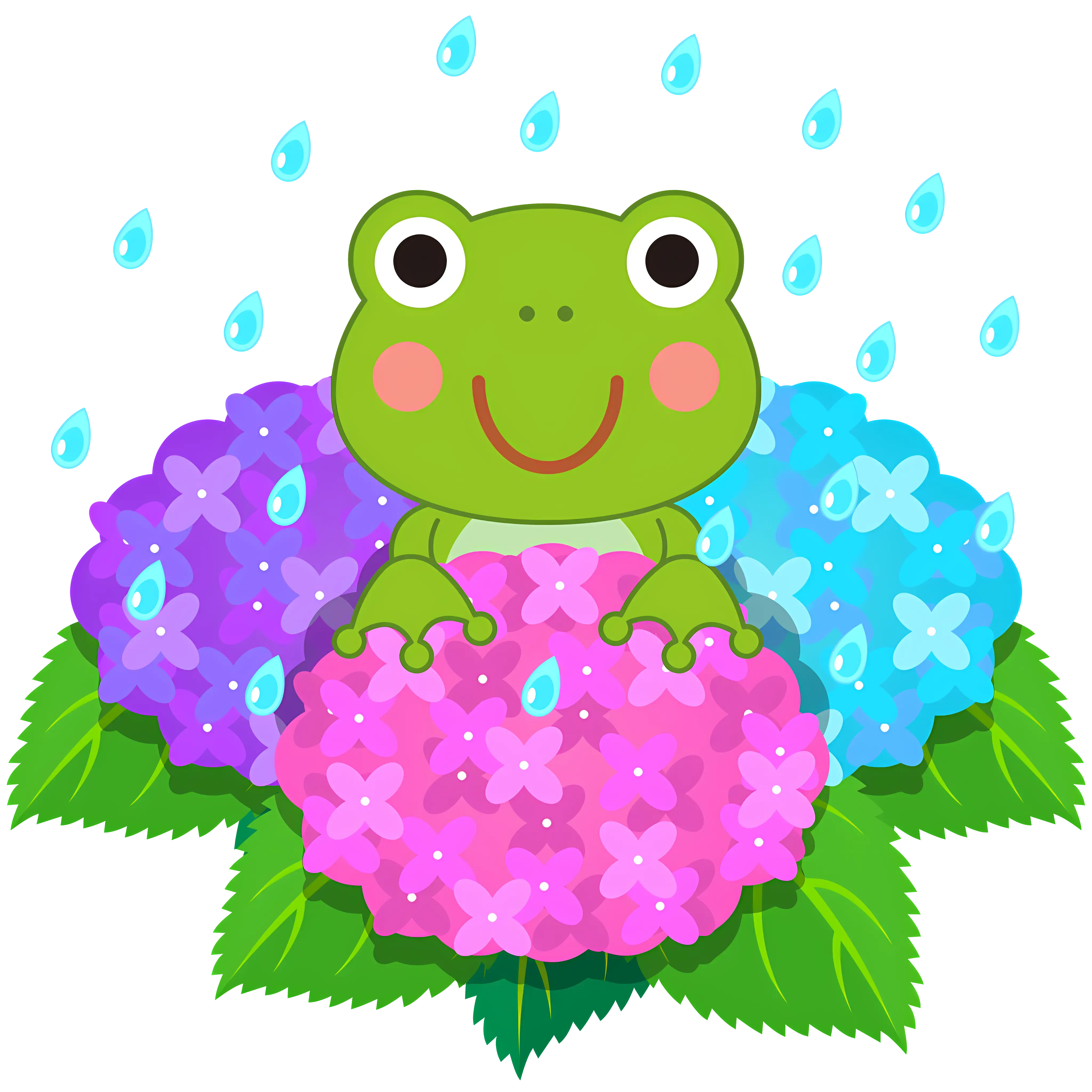 Smiling Frog With Hydrangeas Under Falling Rain