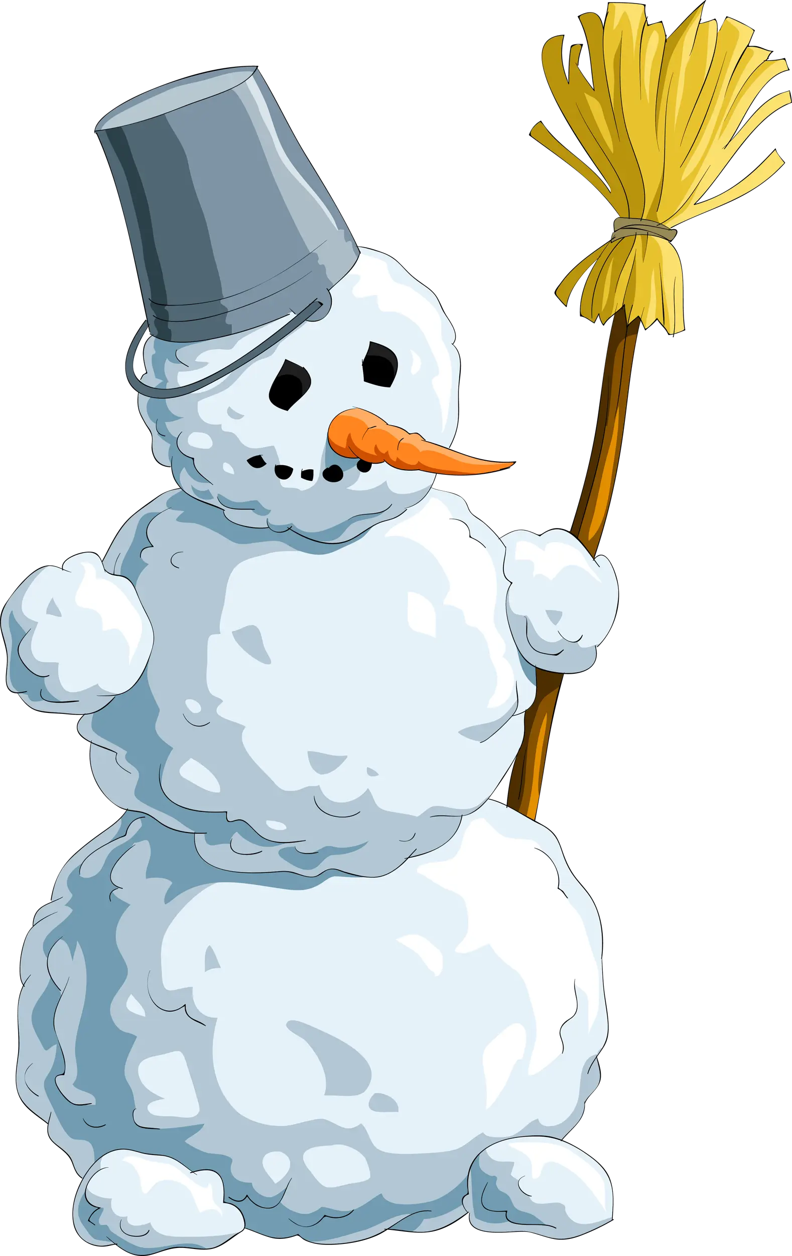 Cute Cartoon Snowman with Bucket and Broom