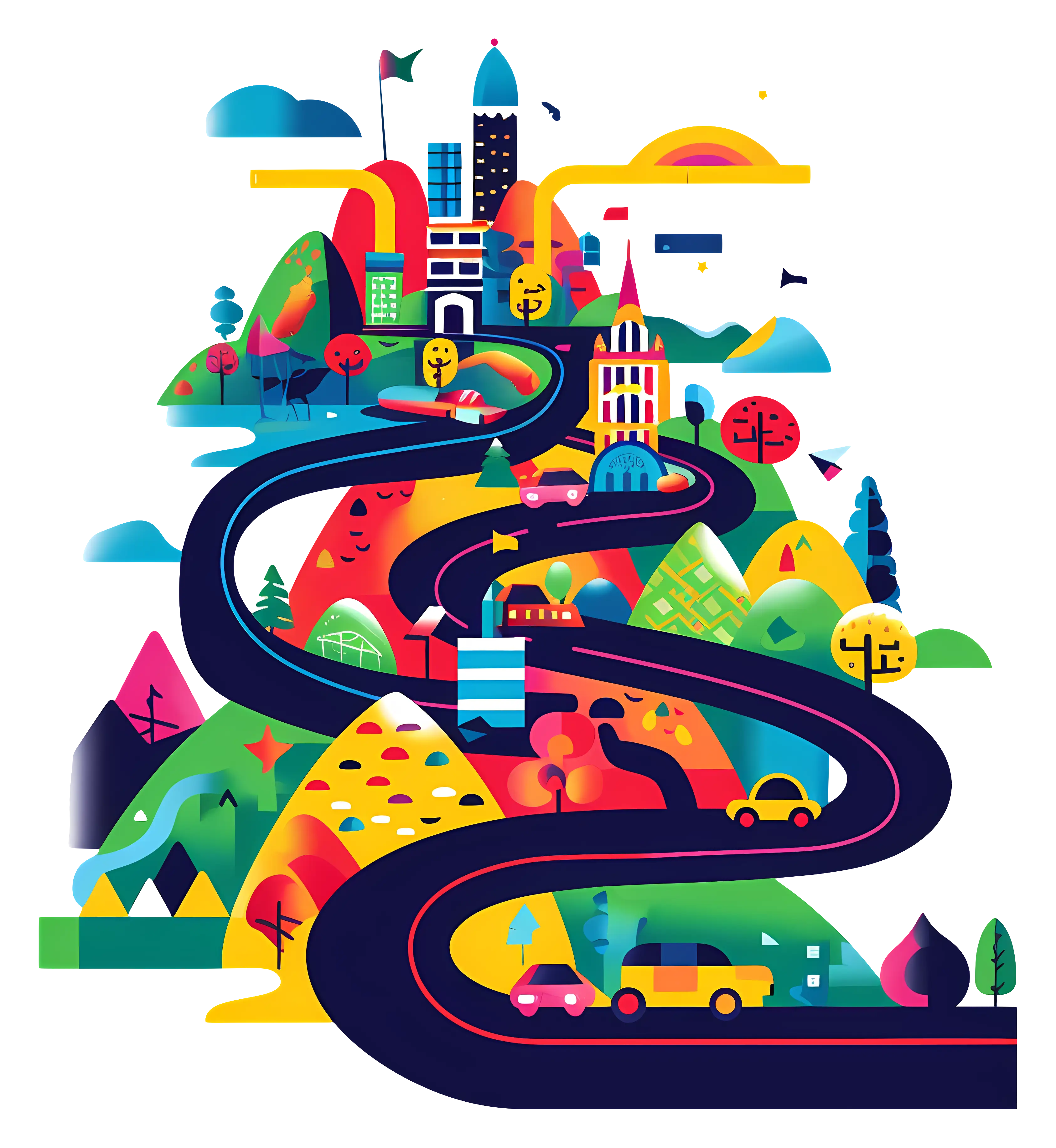 Colorful Road and City Journey Illustration