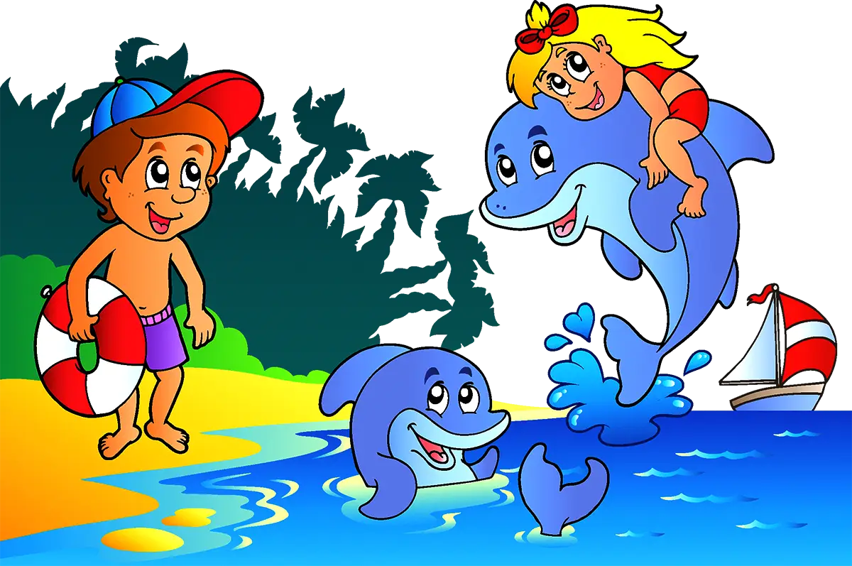 Children Playing with Dolphins at the Beach