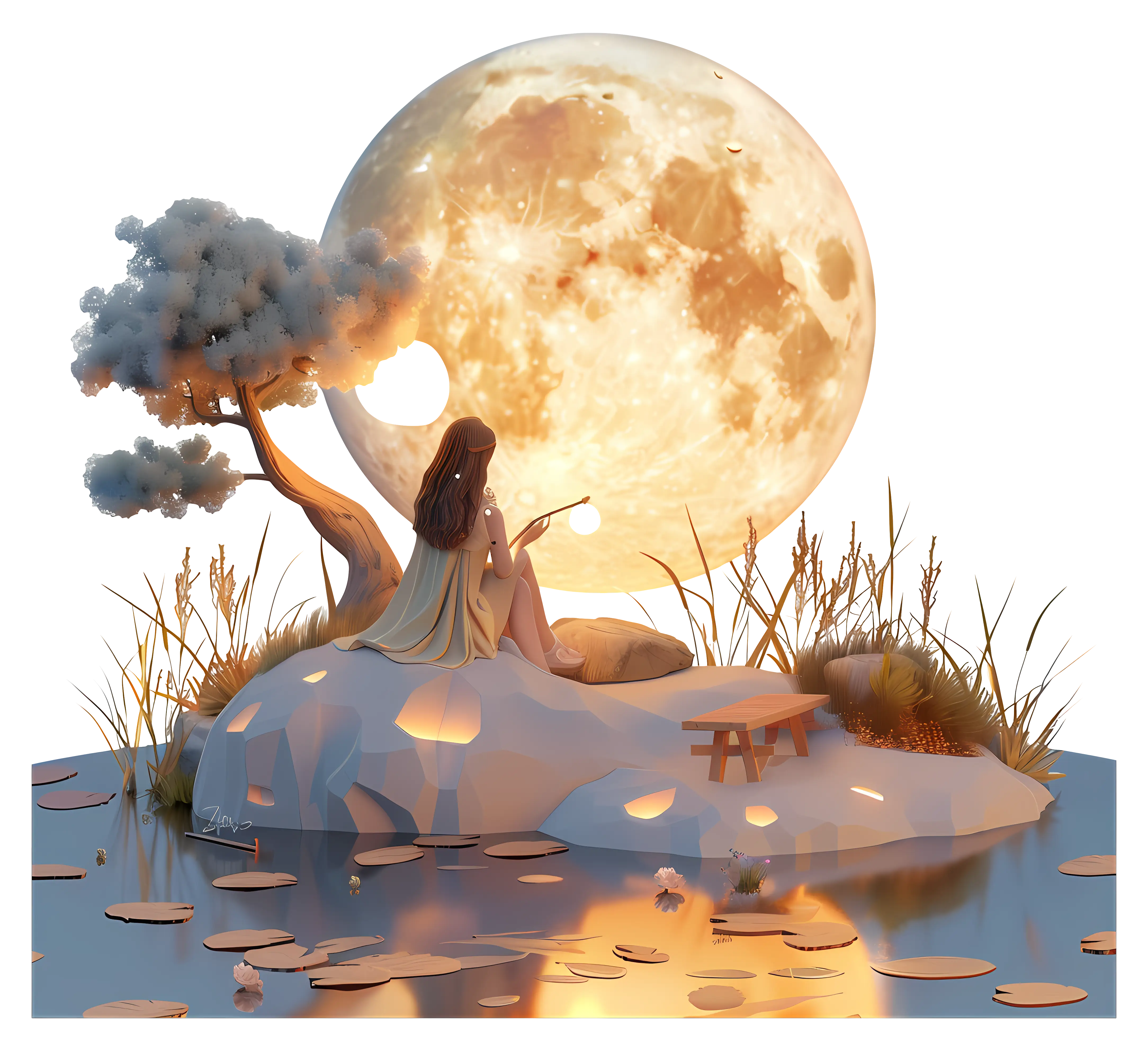 Girl Sitting with Moon