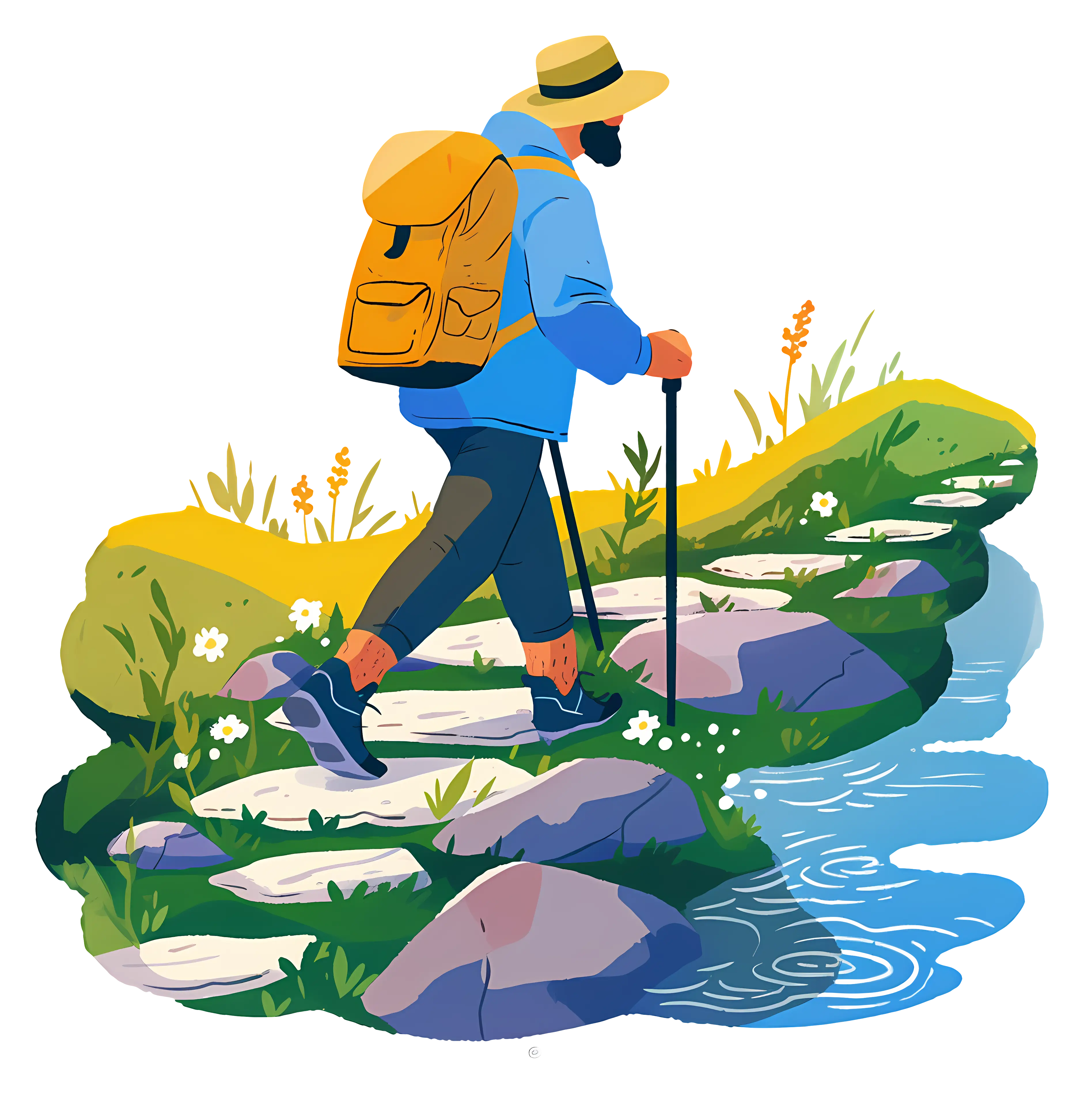 Hiker Walking by a Stream