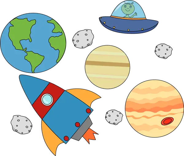 Space-Themed Cartoon with Planets and Spaceship