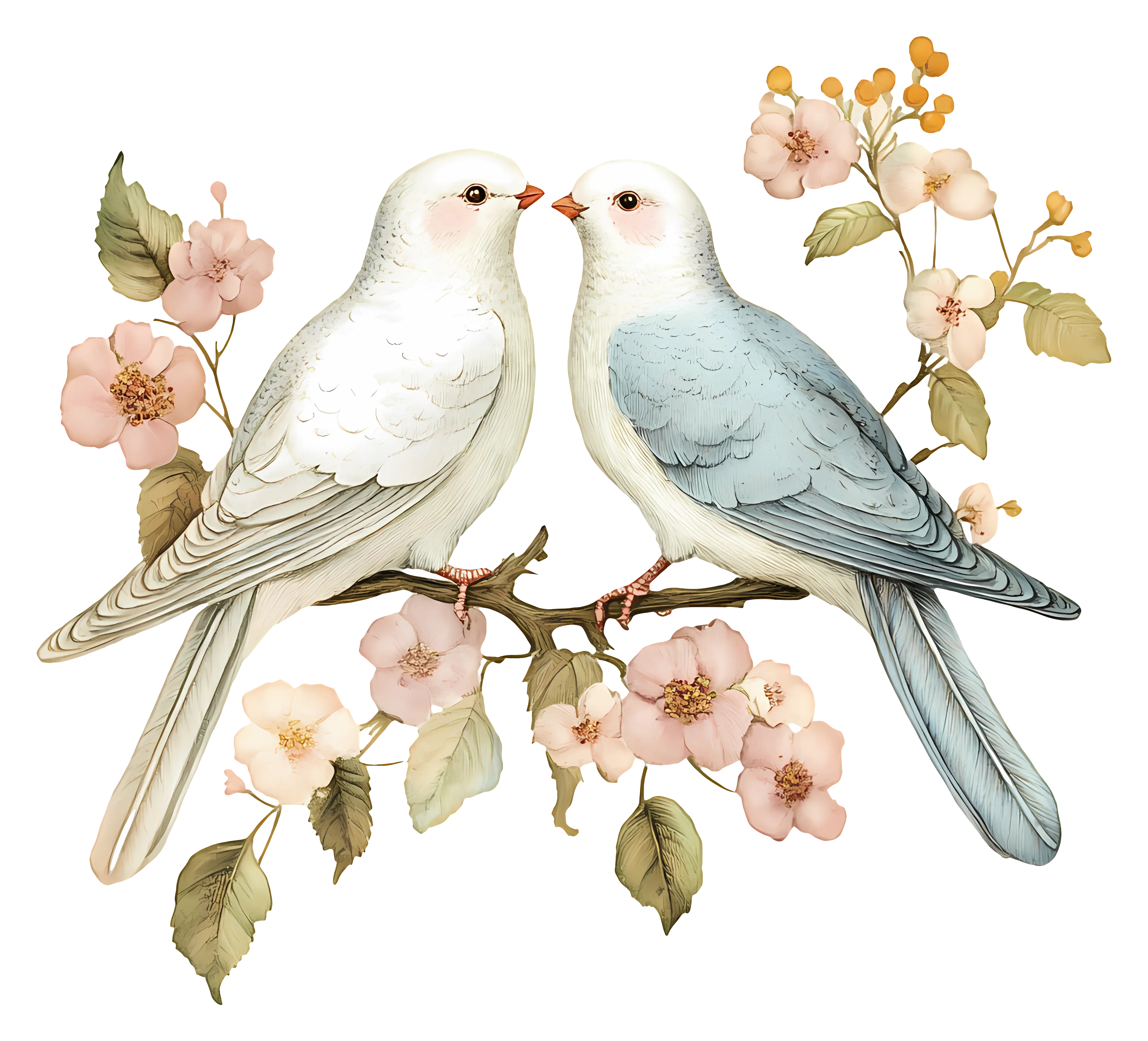 Romantic Doves on Floral Branch