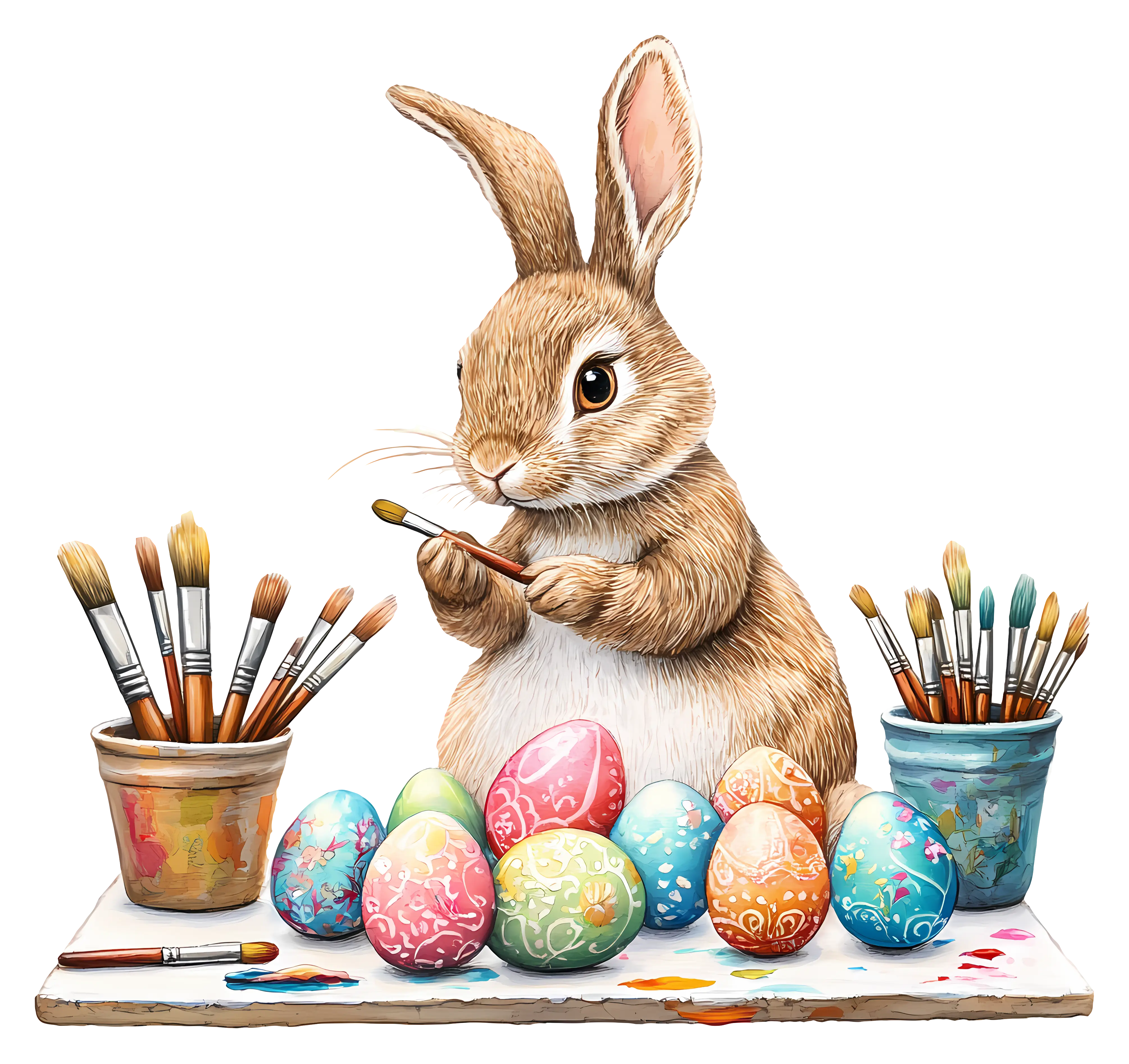 Cute Bunny Painting Colorful Easter Eggs