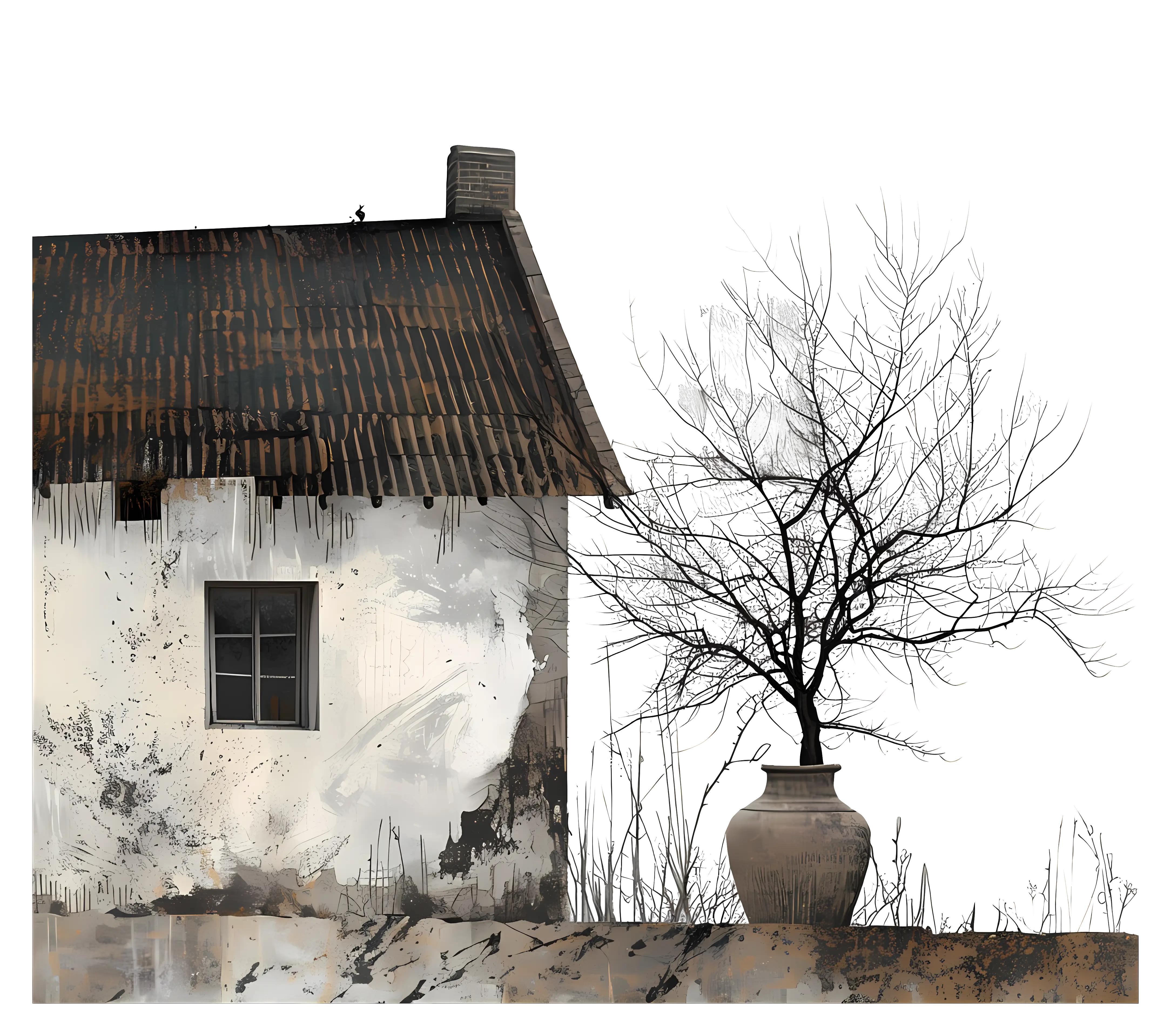 Rustic House with Bare Tree in Winter